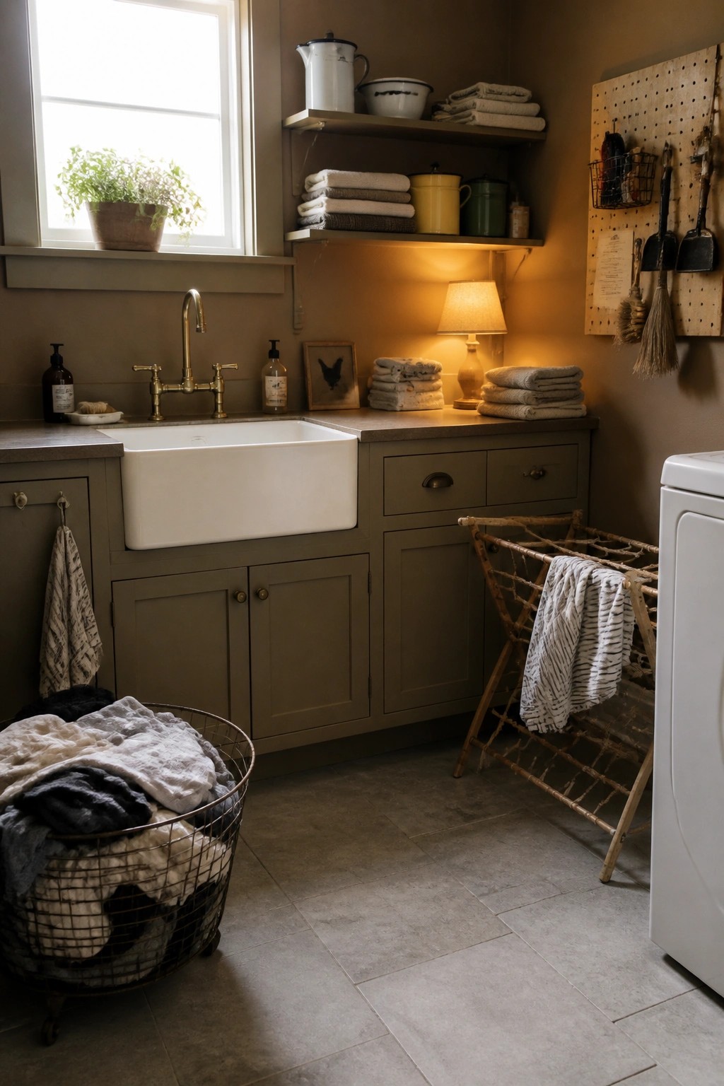 A laundry room with olive green cabinets, a white farmhouse sink, open wooden shelves holding towels, a lit lamp on the counter, and a wire basket of laundry on the floor.