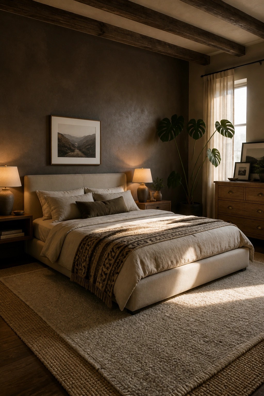 A bedroom featuring a bed with light neutral bedding against dark textured brown walls, with a large plant near the window and wooden furniture.