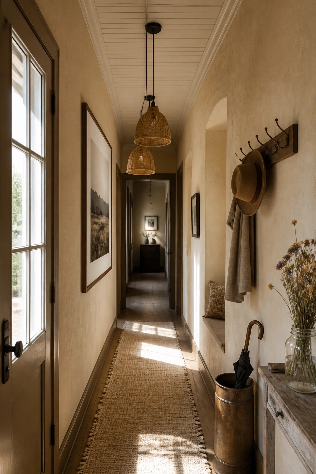 A long narrow hallway with warm beige walls, a woven runner rug on the floor, and two woven pendant lights hanging from the ceiling.