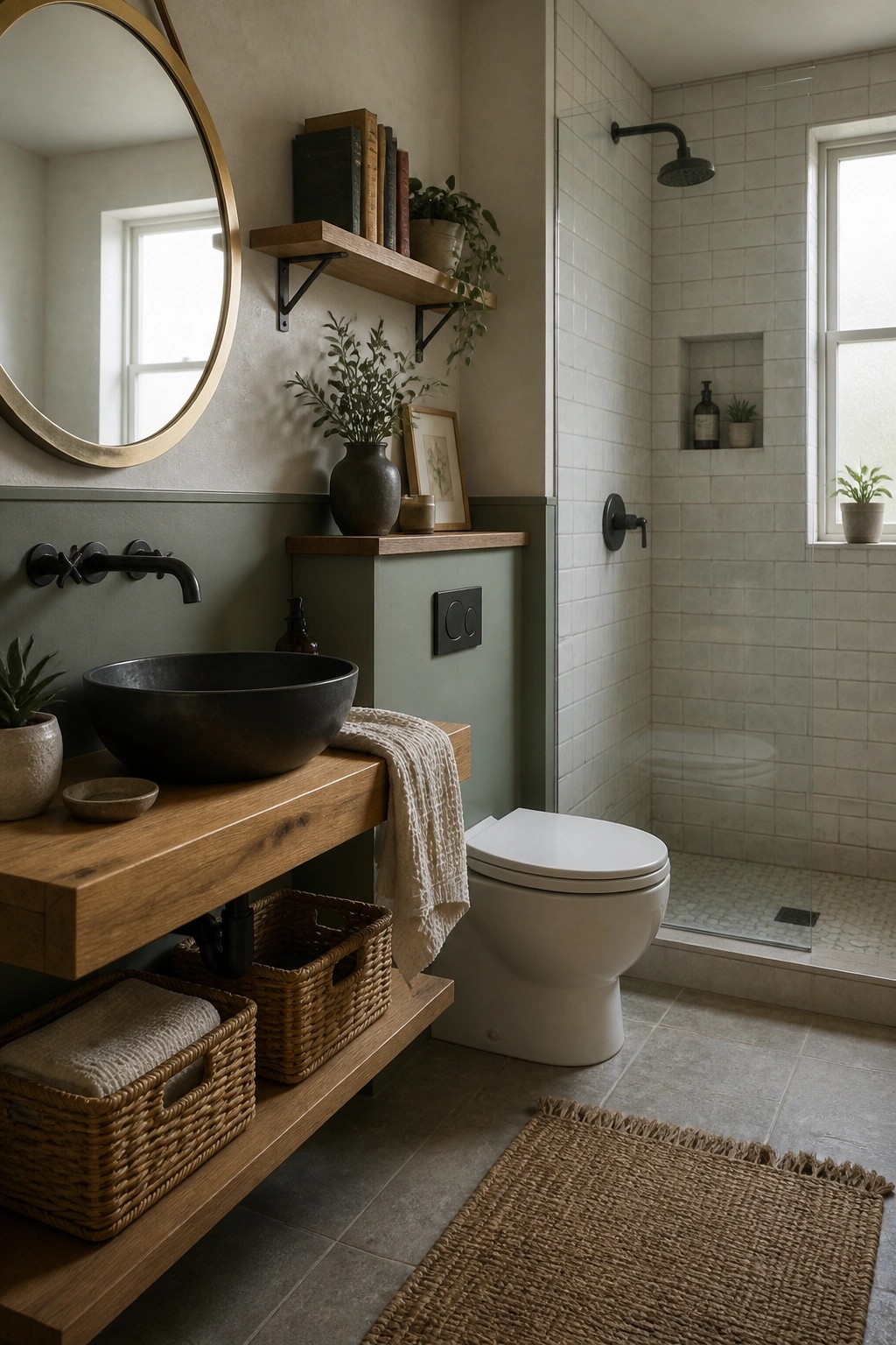 A bathroom interior with sage green painted wainscoting, a floating wooden vanity holding a dark vessel sink, a white toilet, and a glass shower with light tile.