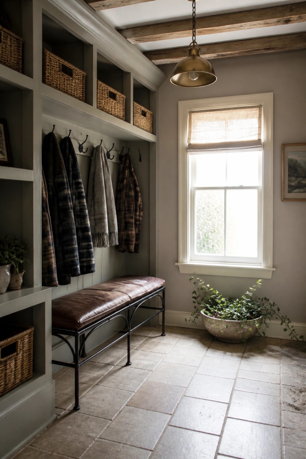 A mudroom with built-in cubbies holding baskets, coat hooks, a brown leather bench, and a large window with a woven shade.