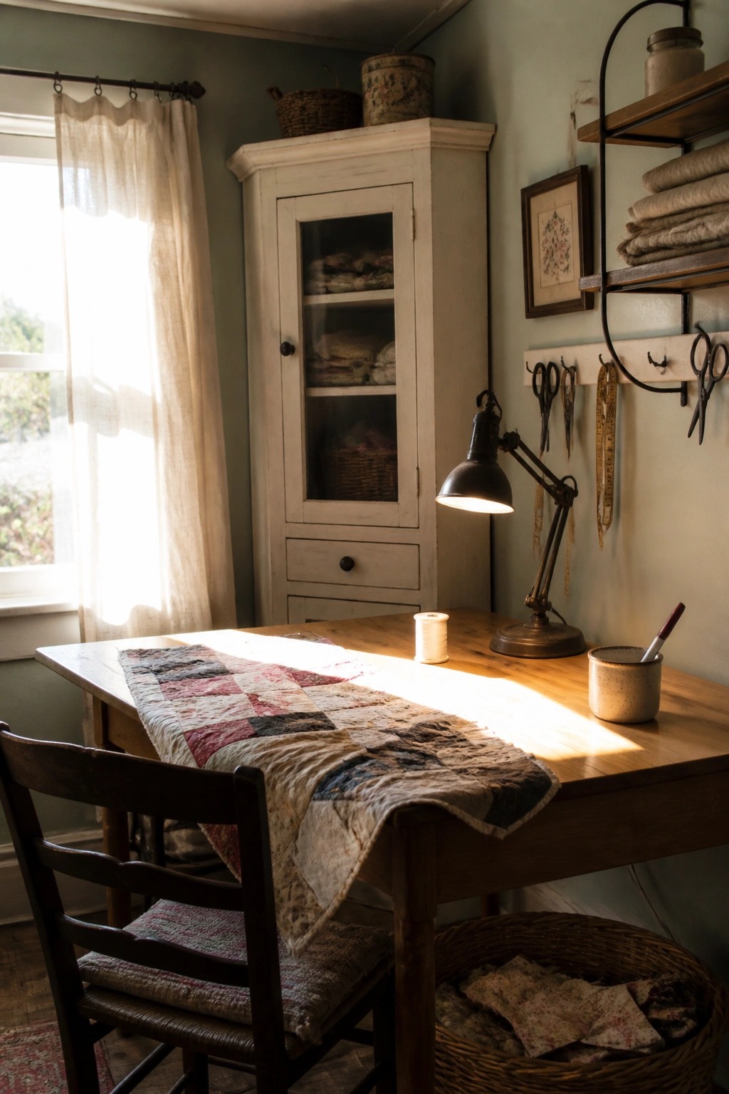 A wooden table with a patchwork quilt runner, a black desk lamp, and a white cabinet stand against soft green walls in a room with a window covered by sheer curtains.