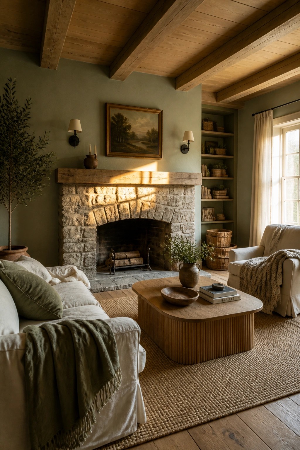 A living room with sage green walls, a large stone fireplace, wooden ceiling beams, a white sofa, and a wooden coffee table on a woven rug.