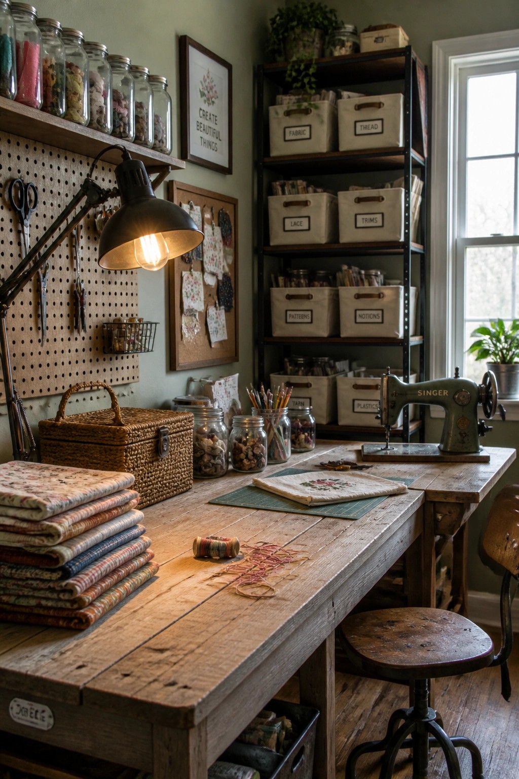 A rustic craft room featuring a large wooden work table, vintage sewing machine, pegboard wall with tools, open shelving with fabric bins, and stacks of patterned fabric.