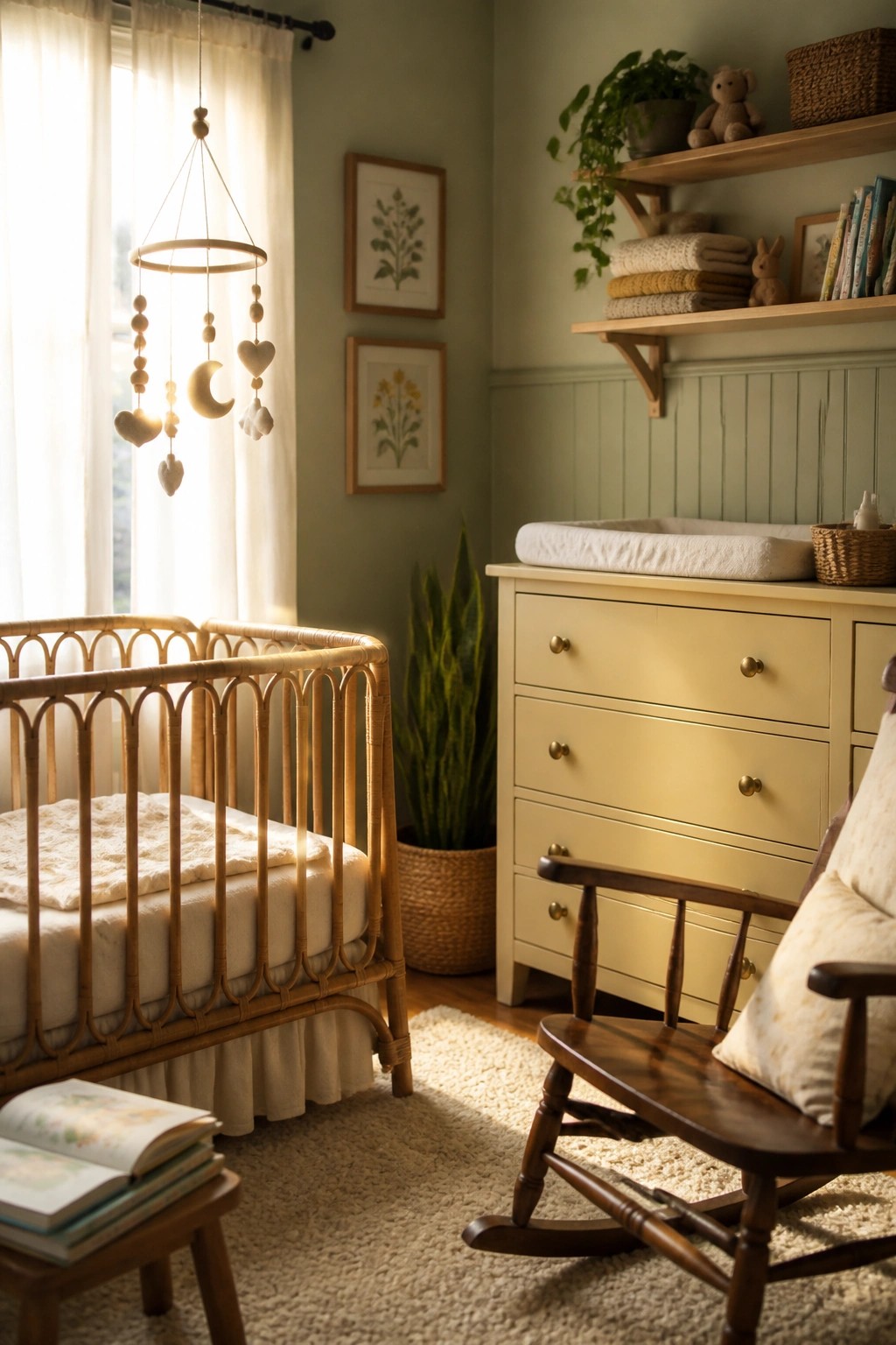 A nursery interior with sage green walls, a rattan crib by a window, a pale yellow dresser, and a wooden rocking chair on a rug.