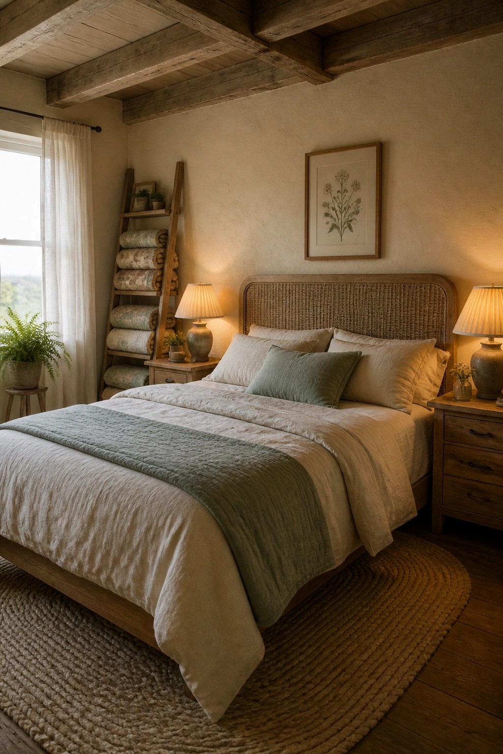 A rustic bedroom featuring a wooden bed with a woven headboard, layered neutral and sage bedding, wooden nightstands with lamps, and warm beige walls.