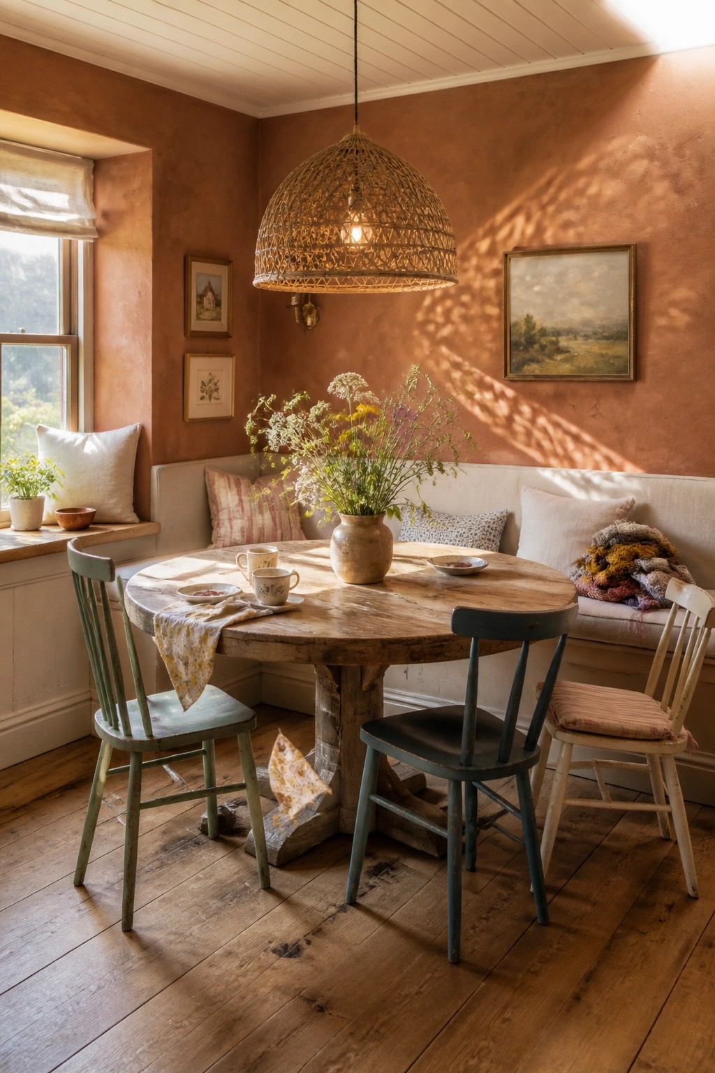 A rustic dining room with terracotta walls, a round wooden table, mismatched chairs, and a large woven pendant light.