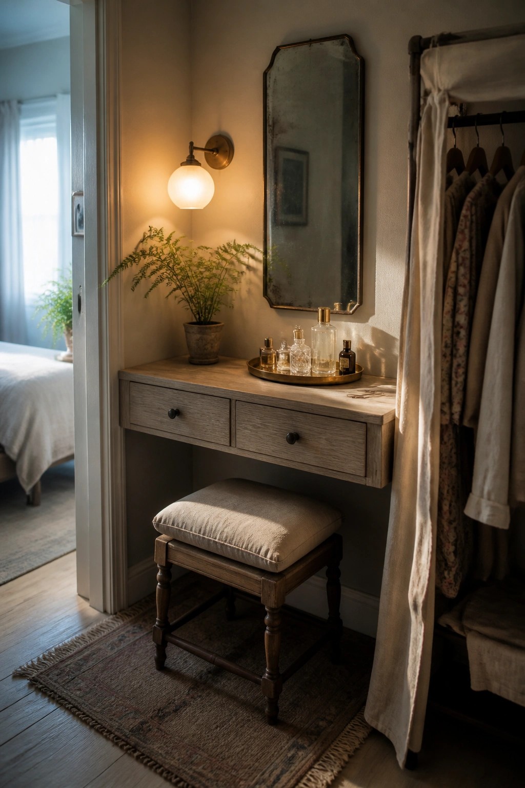A light wood vanity with two drawers sits against a warm beige wall beneath an aged rectangular mirror, with a cushioned wooden stool in front and a wall sconce above.