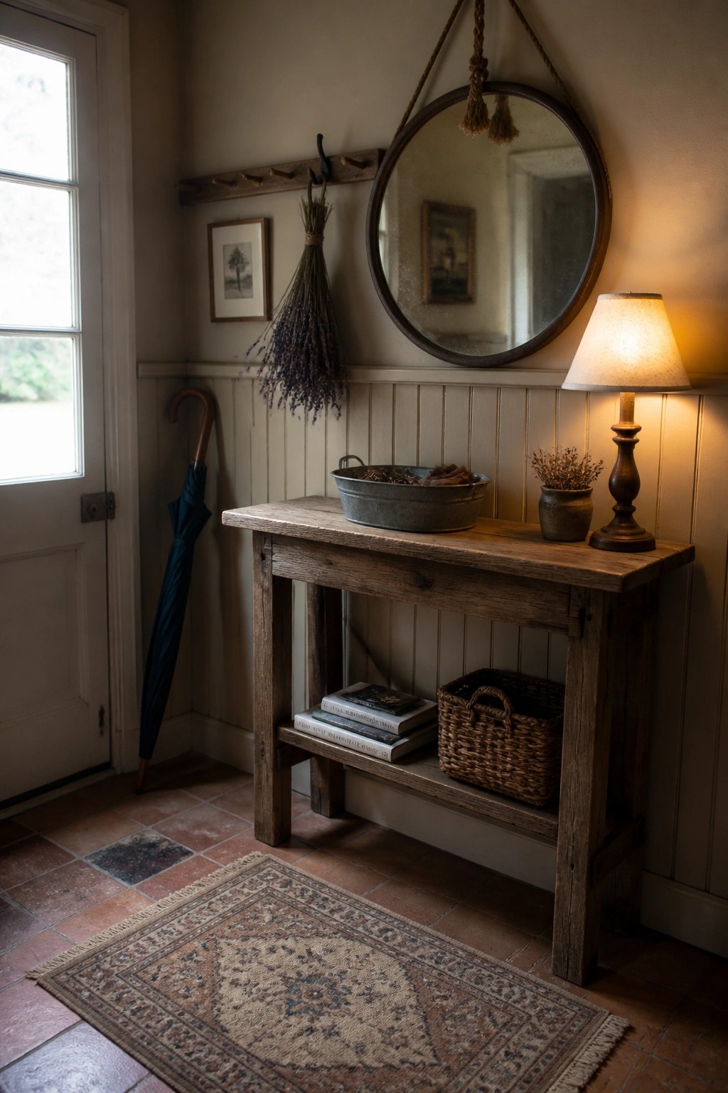 An entryway with a rustic wooden console table, round mirror above it, and a lit table lamp against pale neutral walls.