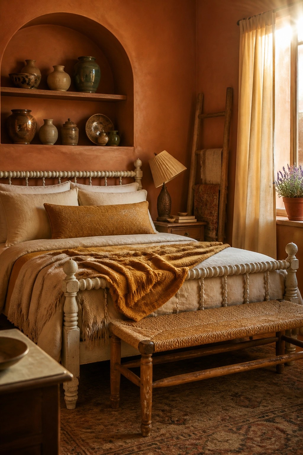 A bedroom interior with terracotta walls, an arched niche holding pottery, a white spindle bed, and a woven bench at the foot.