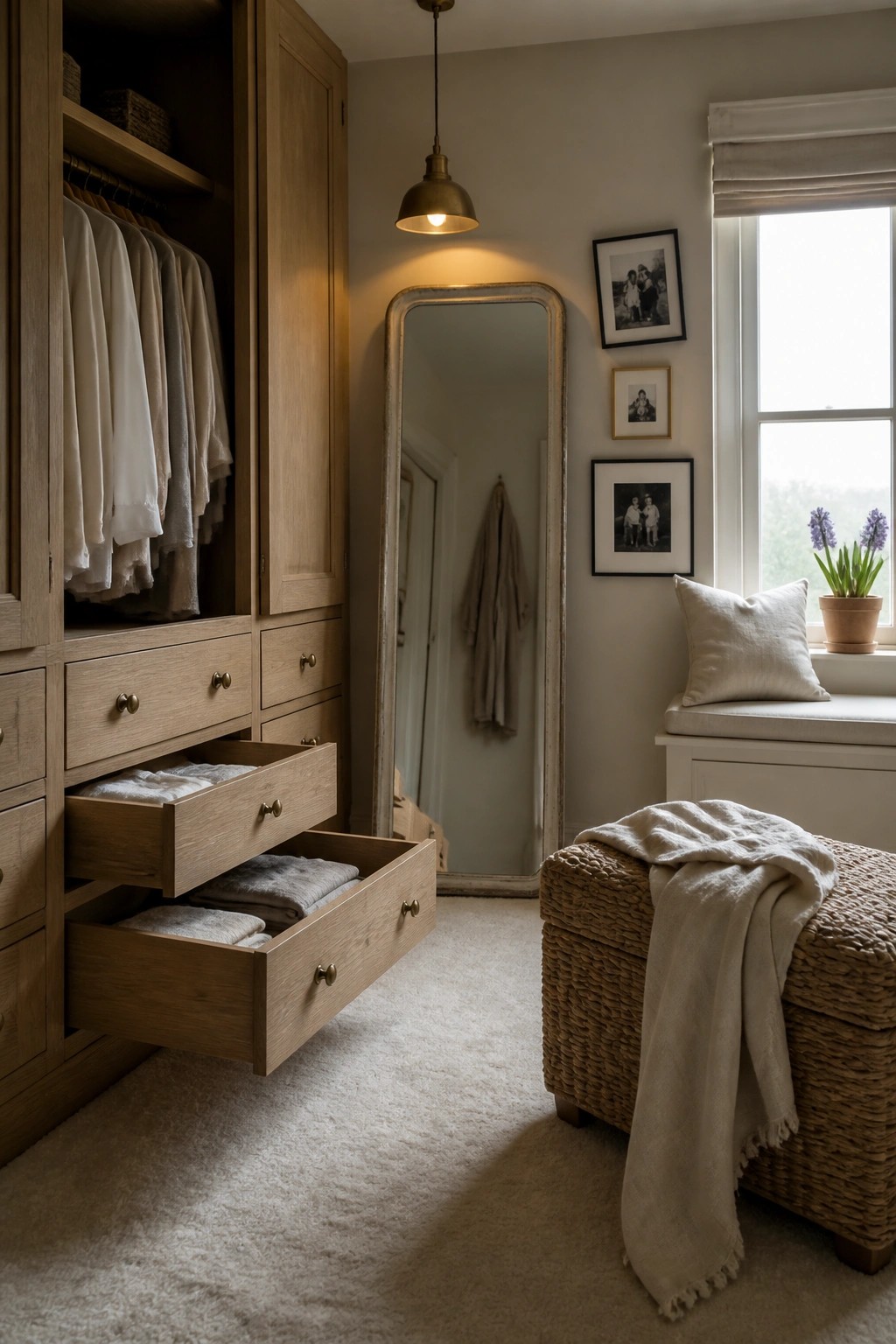 Cozy neutral dressing room with open wooden drawers, mirror, and window seat.