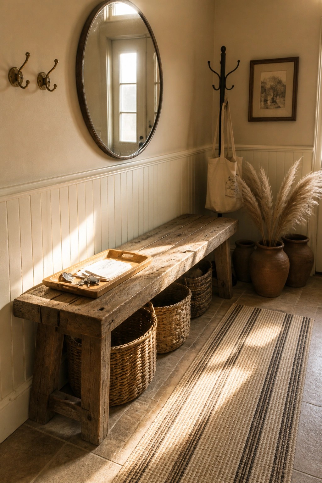 A rustic wooden bench with woven baskets stored underneath sits in a farmhouse entryway next to a round mirror on the wall.