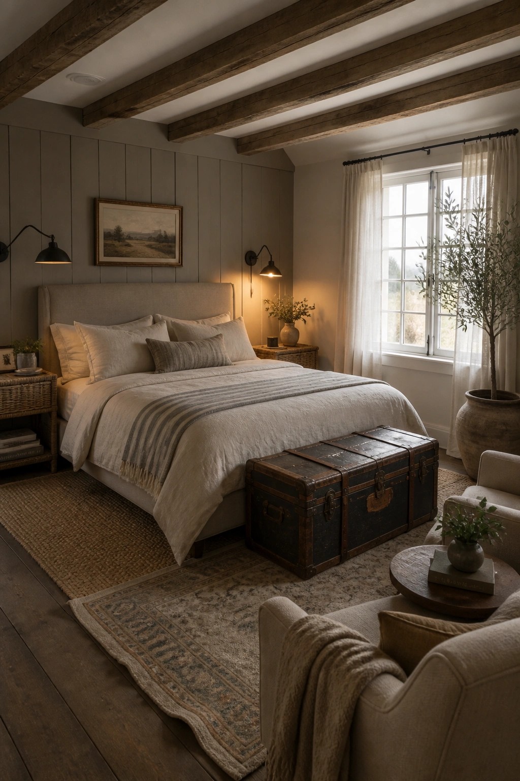 A farmhouse bedroom with muted gray green walls, exposed wood ceiling beams, a bed with neutral linens, and a vintage trunk at the foot.