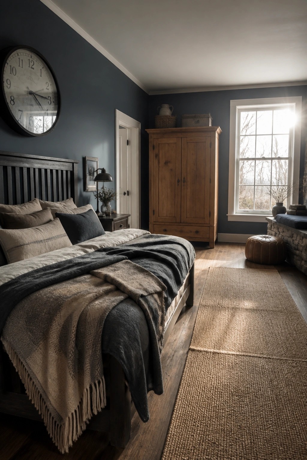 A bedroom with dark blue walls, a wooden bed with layered bedding, a wooden wardrobe, and a large window letting in sunlight.