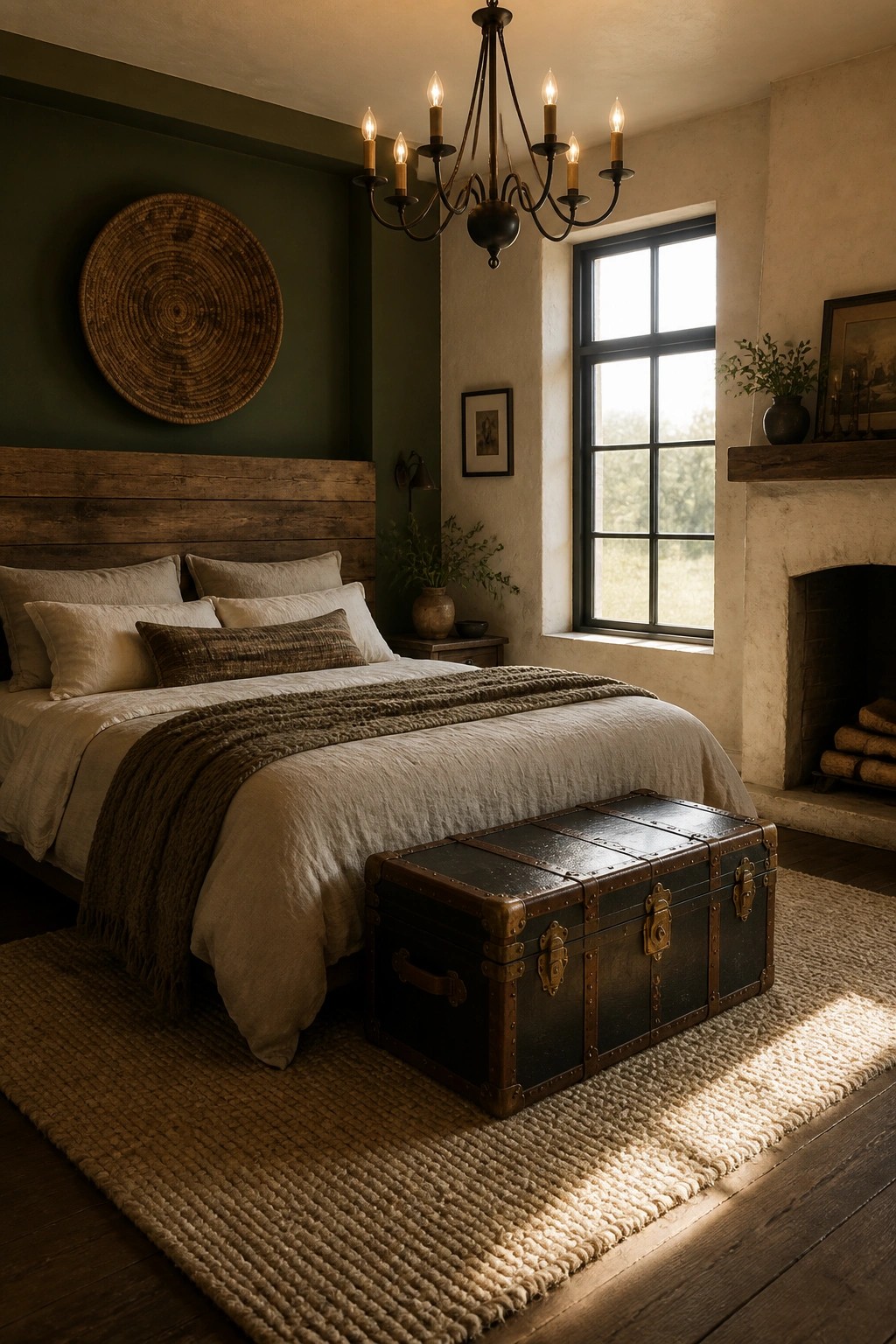 A bedroom with a dark green accent wall, wooden headboard, white and beige bedding, and a black vintage trunk at the foot of the bed.