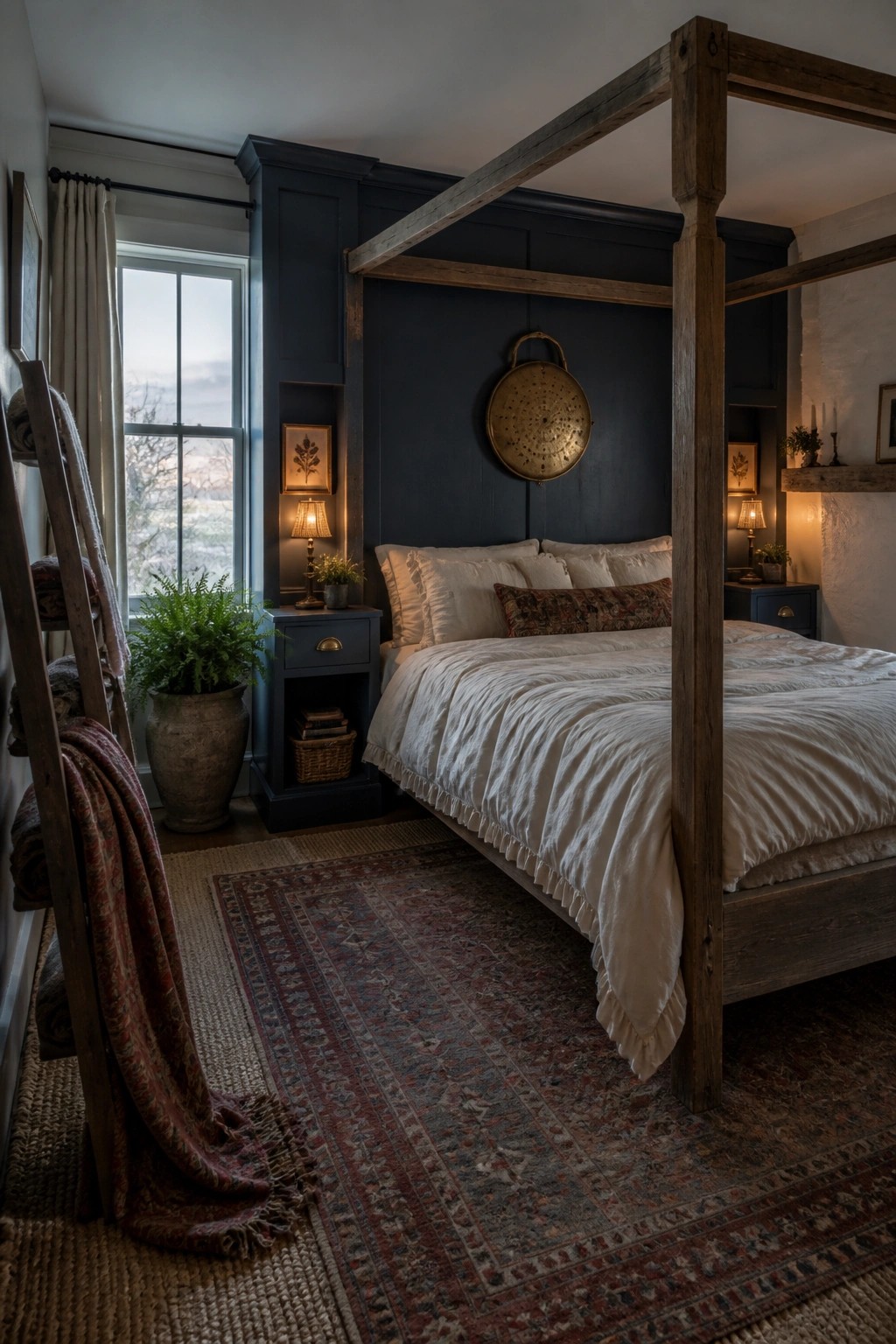 A farmhouse bedroom with a dark navy accent wall behind a wooden four-poster bed dressed in white linens, a patterned rug on the floor, and a large window to the left.