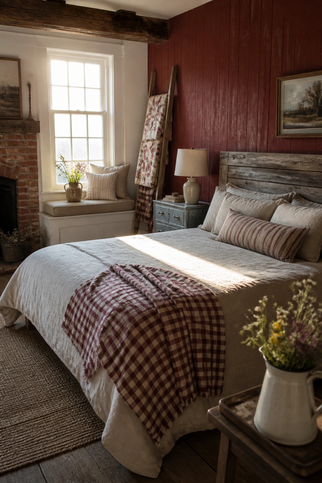A bedroom with a deep red accent wall behind a wooden bed, white bedding, a window with sunlight, and a brick fireplace on the left.