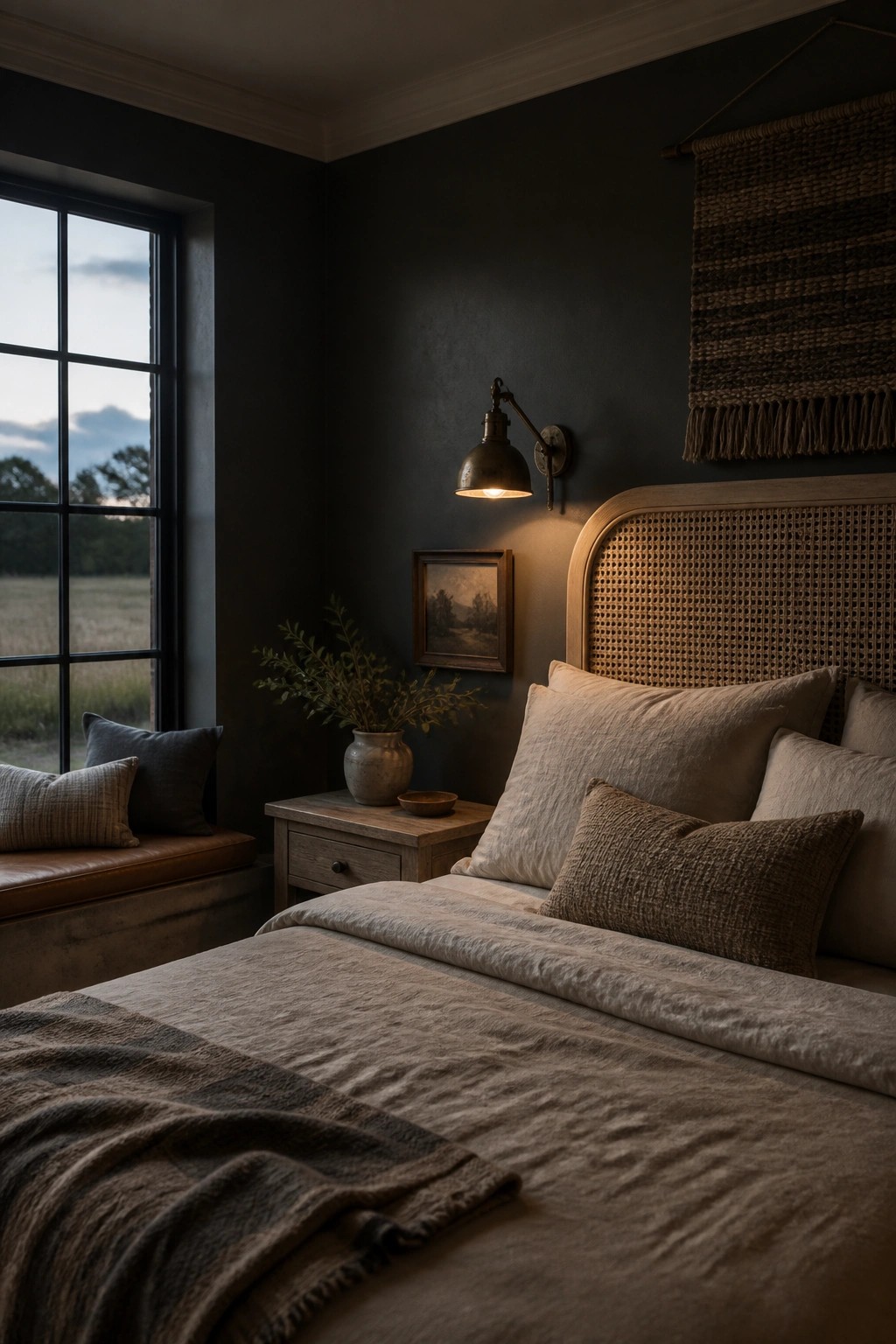 A bedroom interior with dark green walls, a bed with neutral linen bedding and a woven rattan headboard, a wall sconce, a small wooden nightstand, and a window with a view of a field.
