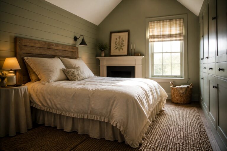 23 Farmhouse Bedroom Paint Colors for a Peaceful Rustic Retreat Cozy sunlit bedroom with white ruffled bedding, green walls, and jute rug