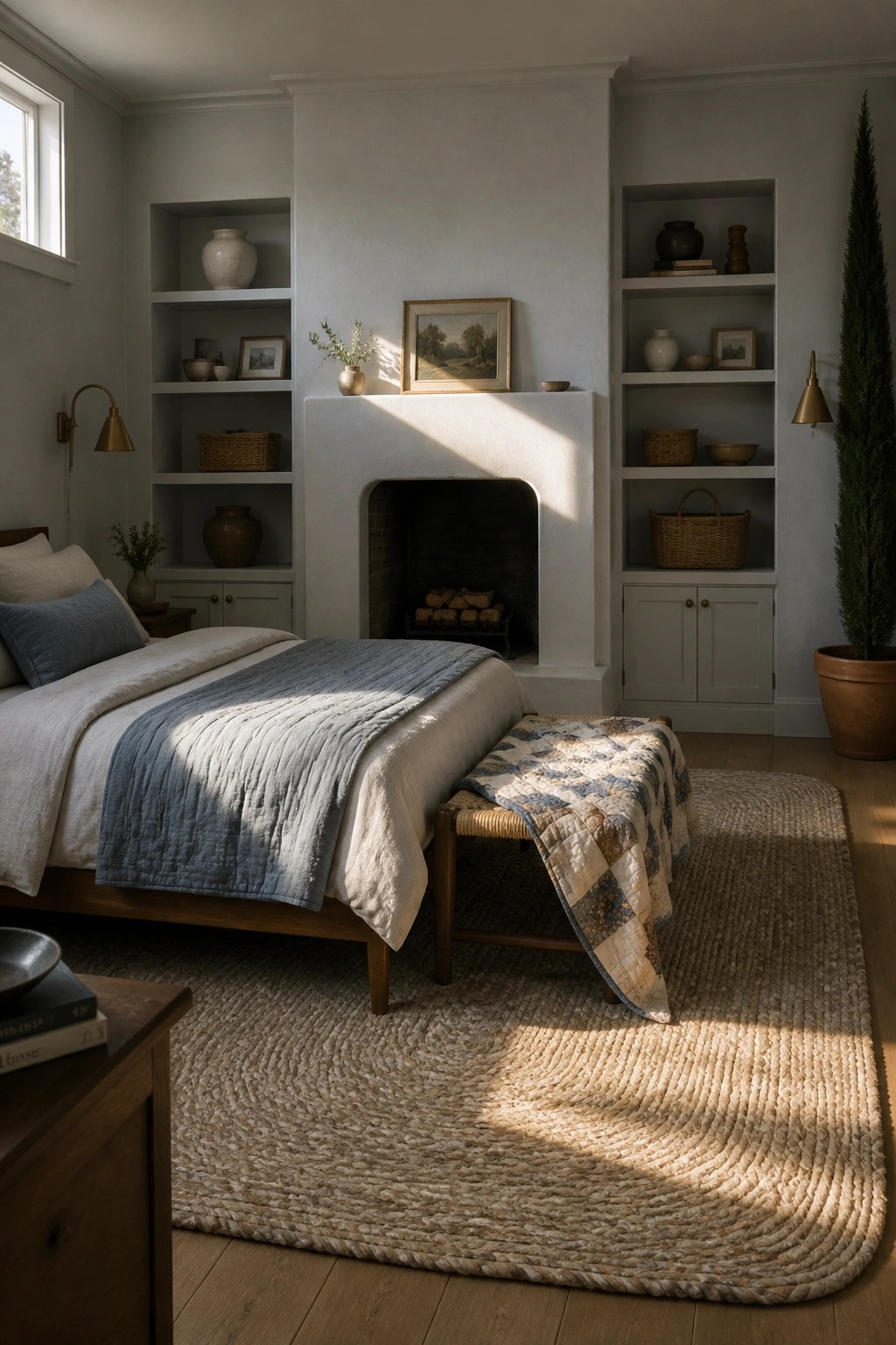 Sunlit bedroom with white fireplace, built-in shelves, bed with blue throw, woven rug.