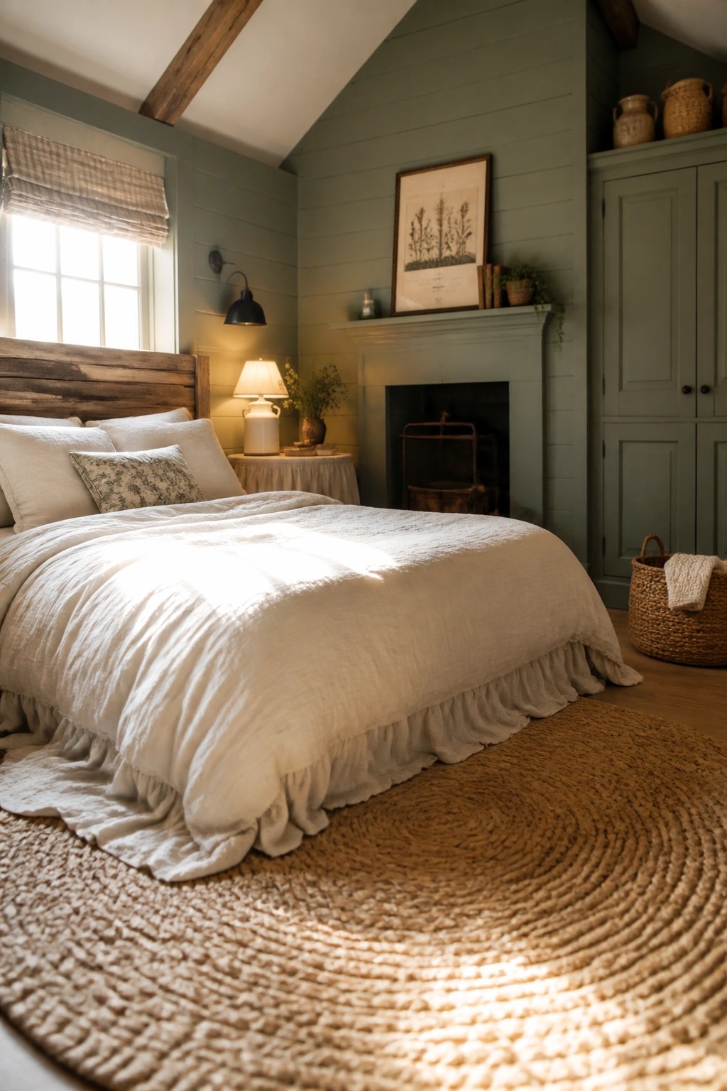 Cozy sunlit bedroom with white ruffled bedding, green walls, and jute rug