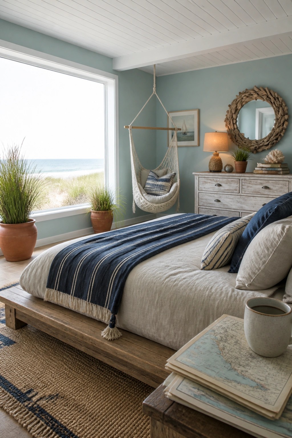 A farmhouse bedroom with soft blue-green walls, a low wooden platform bed with navy striped linens, a hanging rope chair, and a large window overlooking the ocean.