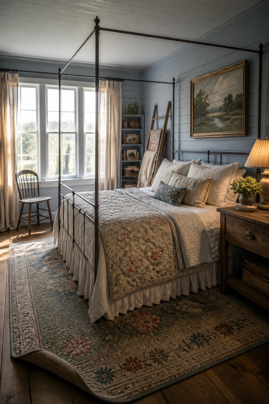 A farmhouse bedroom with light blue walls, a dark metal canopy bed with white bedding, a patterned area rug, and a wooden nightstand.