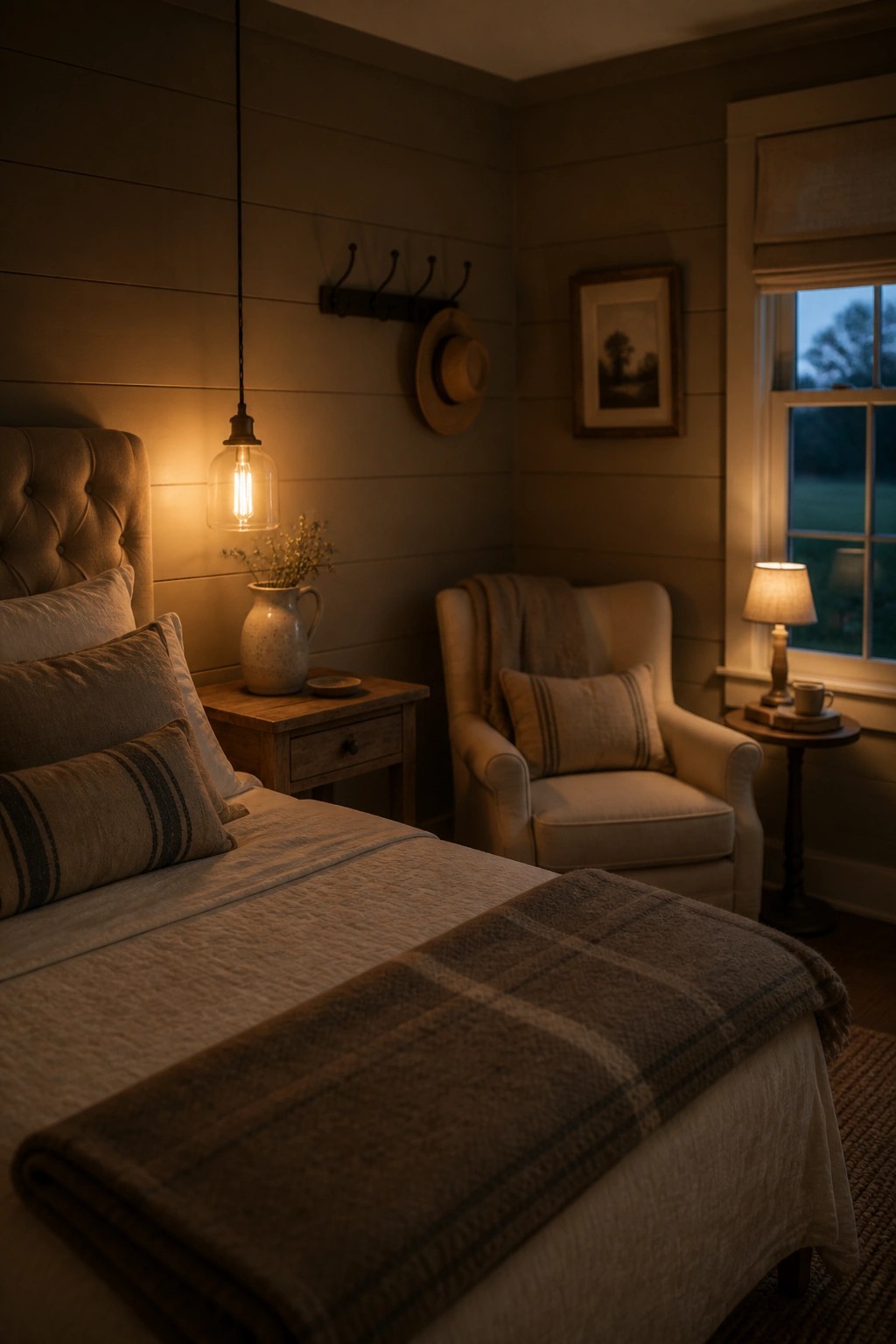 A cozy farmhouse bedroom with muted green-gray walls, a tufted bed with plaid throw, a hanging glass pendant light, and an upholstered armchair near a window.