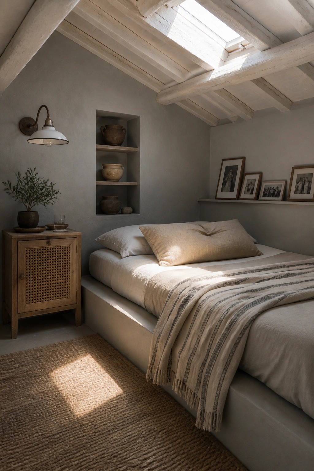 A bedroom interior with muted gray walls, a low platform bed with beige linens, a wooden nightstand, recessed wall shelves holding pottery, and a skylight above.