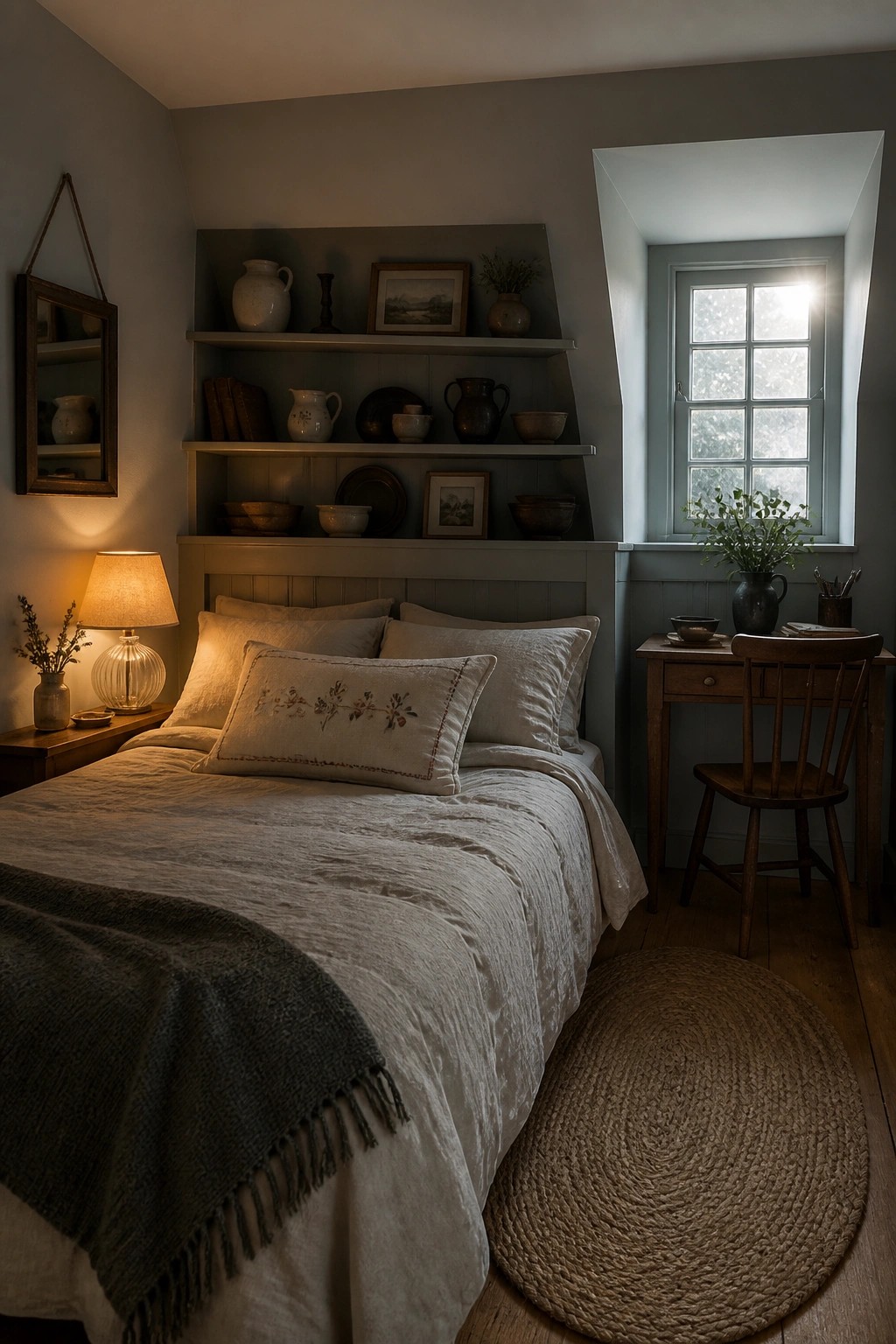 A bedroom with soft gray walls, built-in shelves above a bed dressed in white linens, a wooden desk and chair, and a window with natural light.