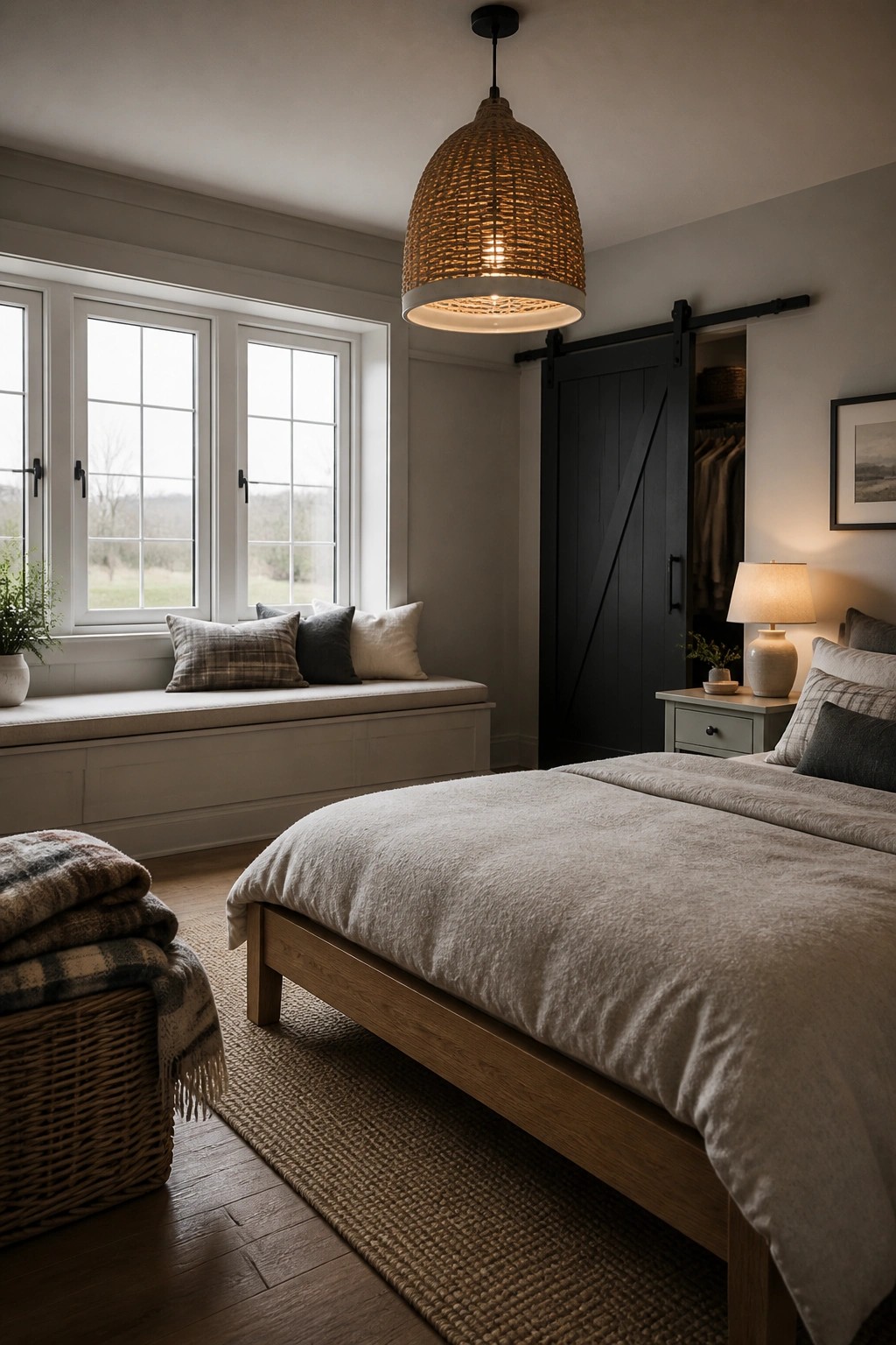 A farmhouse bedroom with light gray walls, a wooden bed frame, beige bedding, a woven pendant light, and a window seat with pillows.