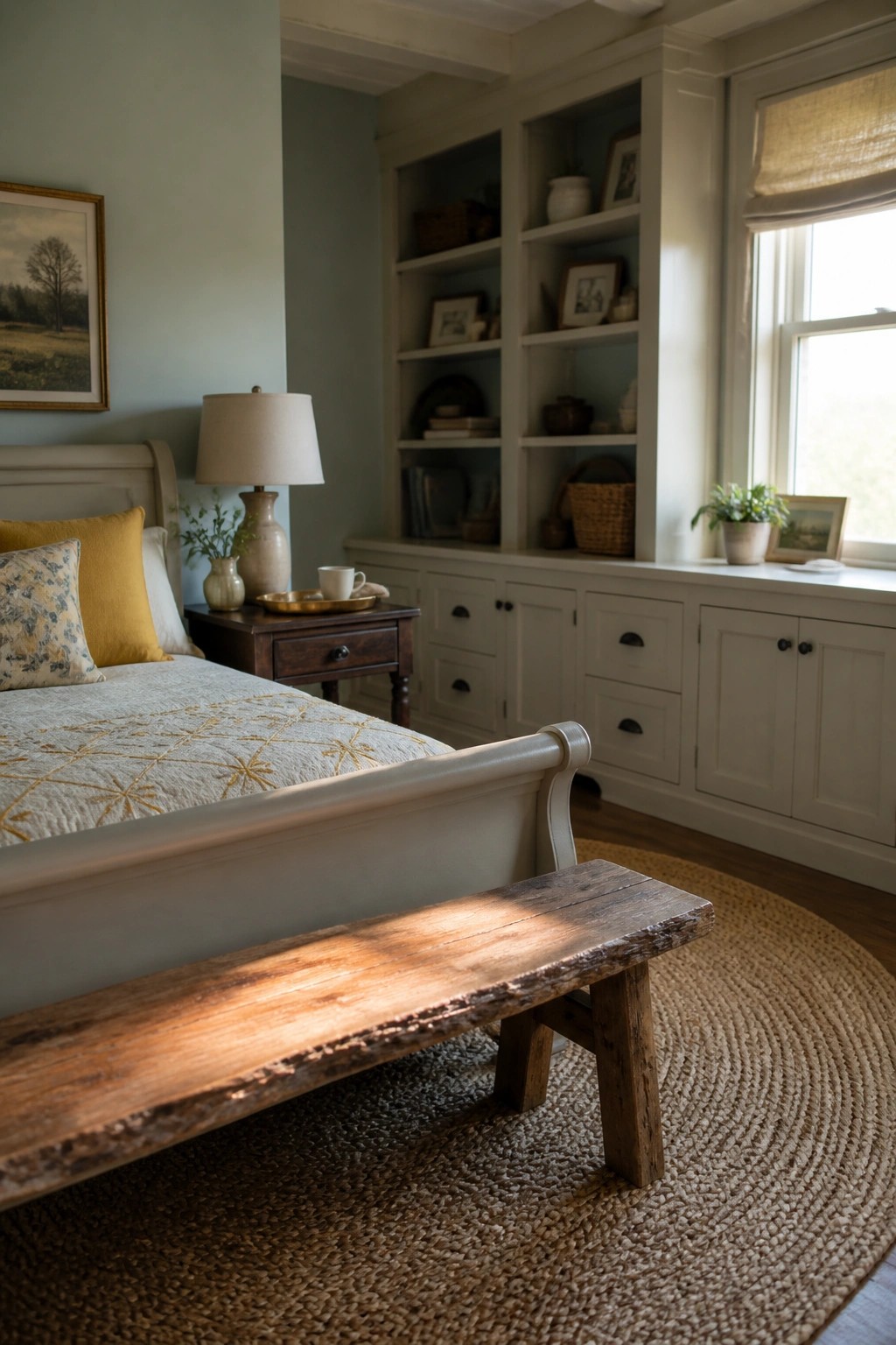 A bedroom with soft green walls, white built-in shelving and cabinetry, a bed with neutral bedding, and a wooden bench on a round woven rug.