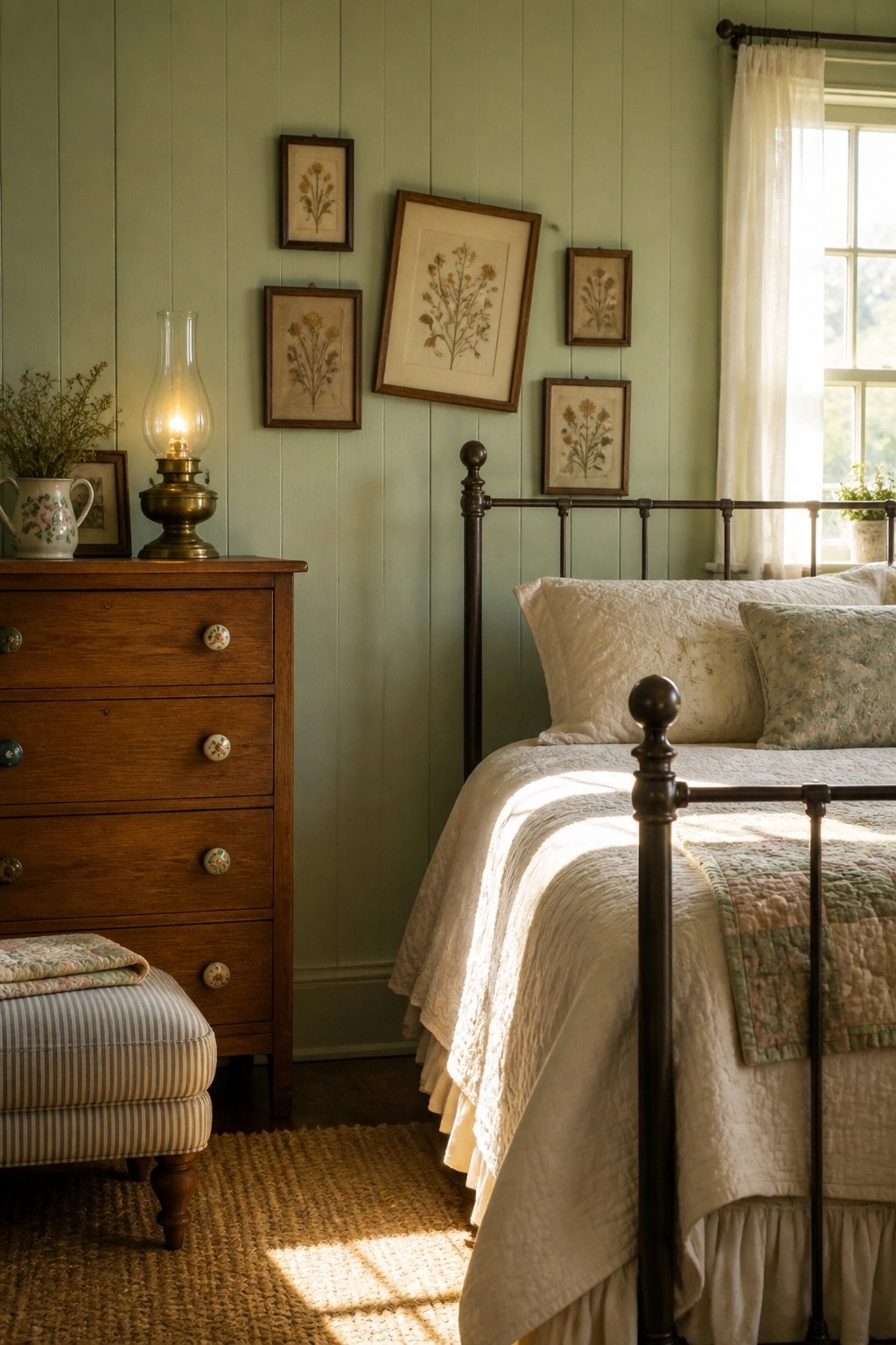 A bedroom with sage green vertical panel walls, a wooden dresser topped with an oil lamp, framed botanical prints, and a bed with white and patterned bedding.