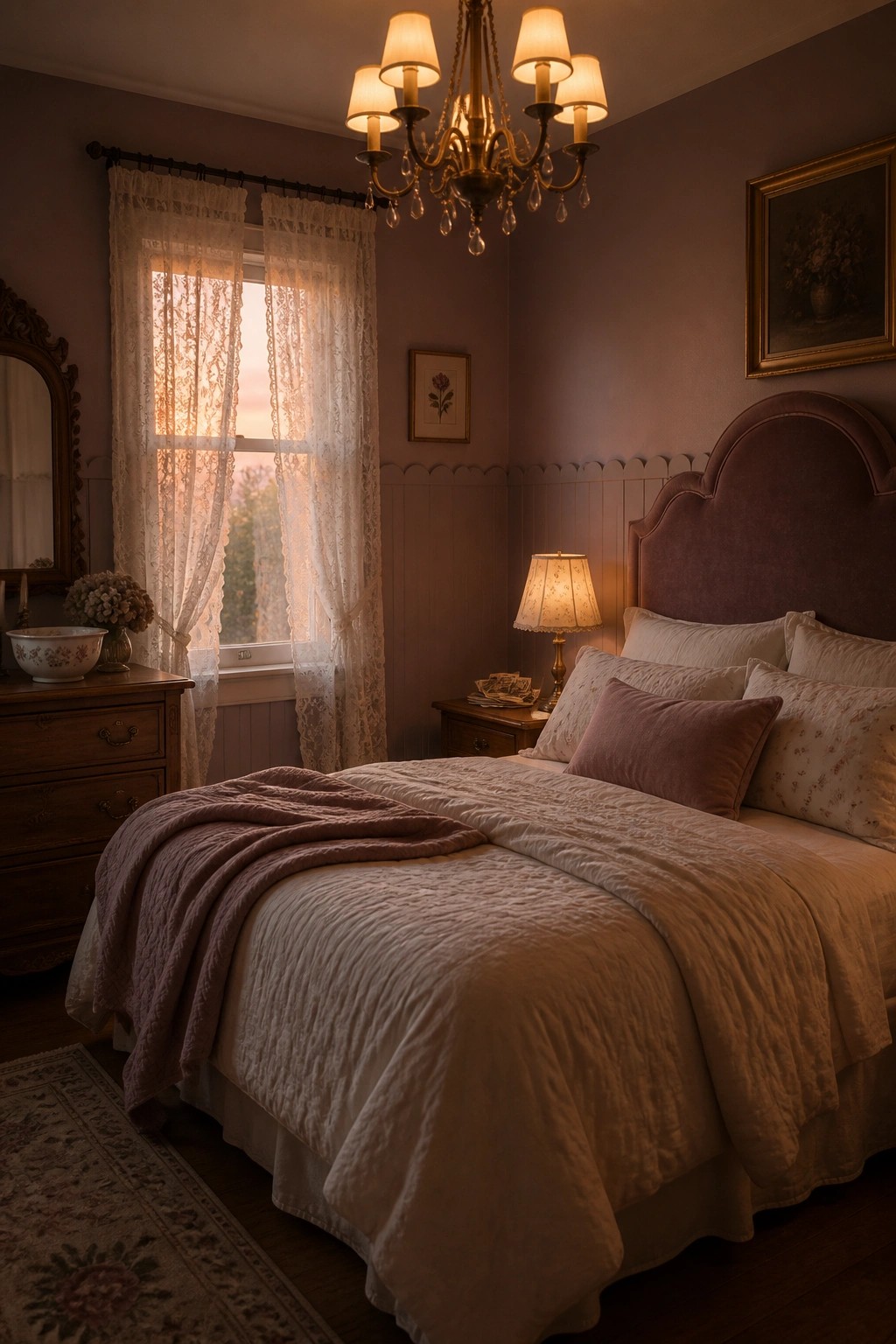A bedroom with soft purple walls, a large bed with white and purple bedding, lace curtains on the window, a wooden dresser, and a chandelier overhead.