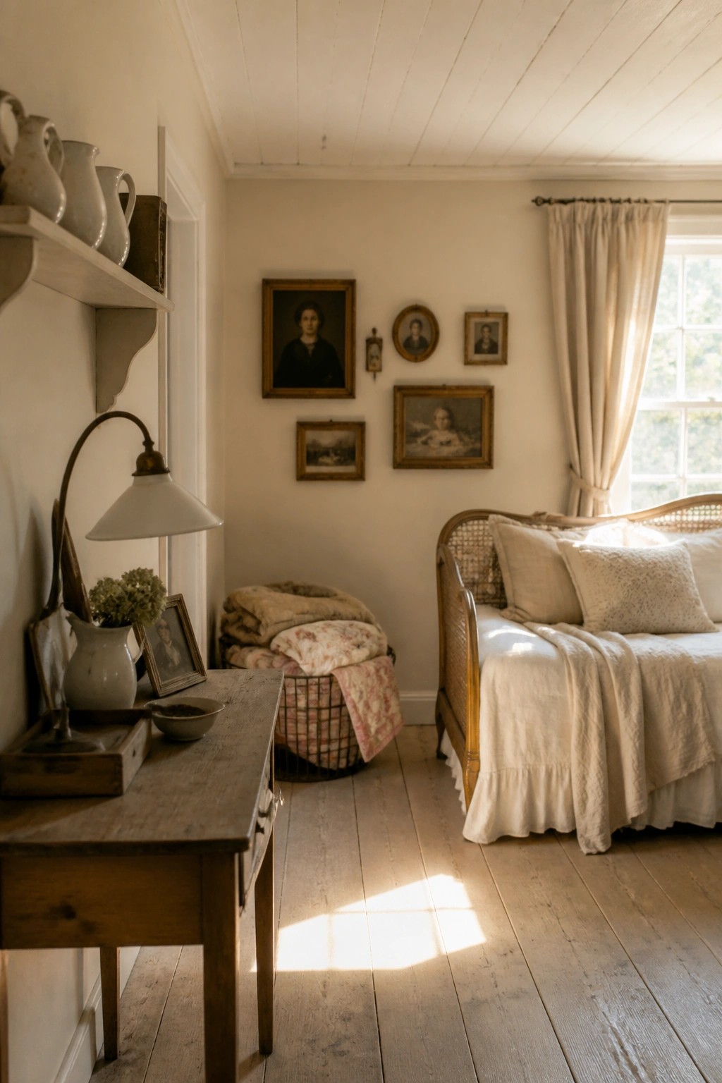 A farmhouse bedroom with pale neutral walls, a wooden daybed with white linens, framed portraits on the wall, and a wooden table in the foreground.