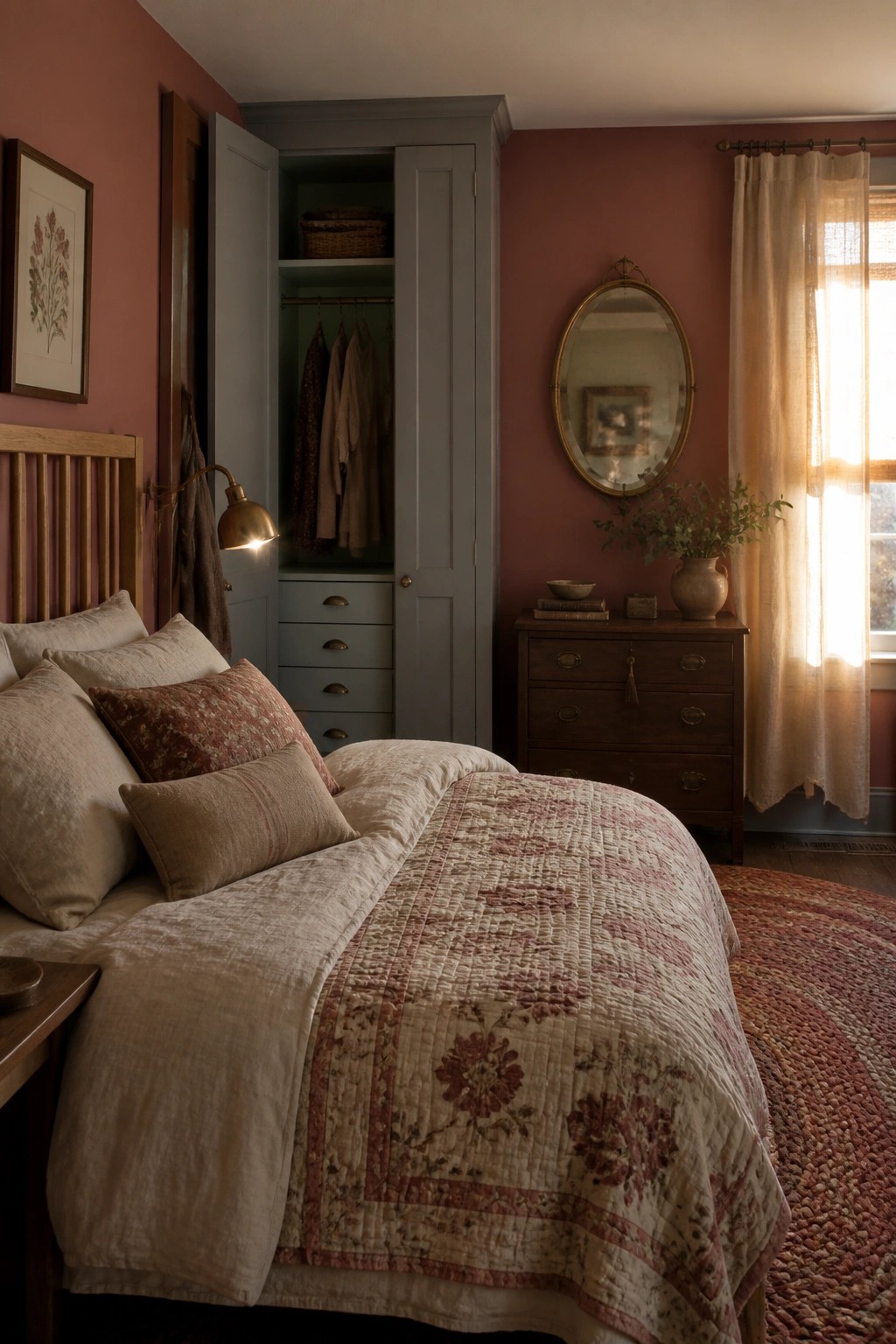 A bedroom interior with dusty rose walls, an open built-in closet, a bed with a floral quilt, and a wooden dresser beneath an oval mirror.