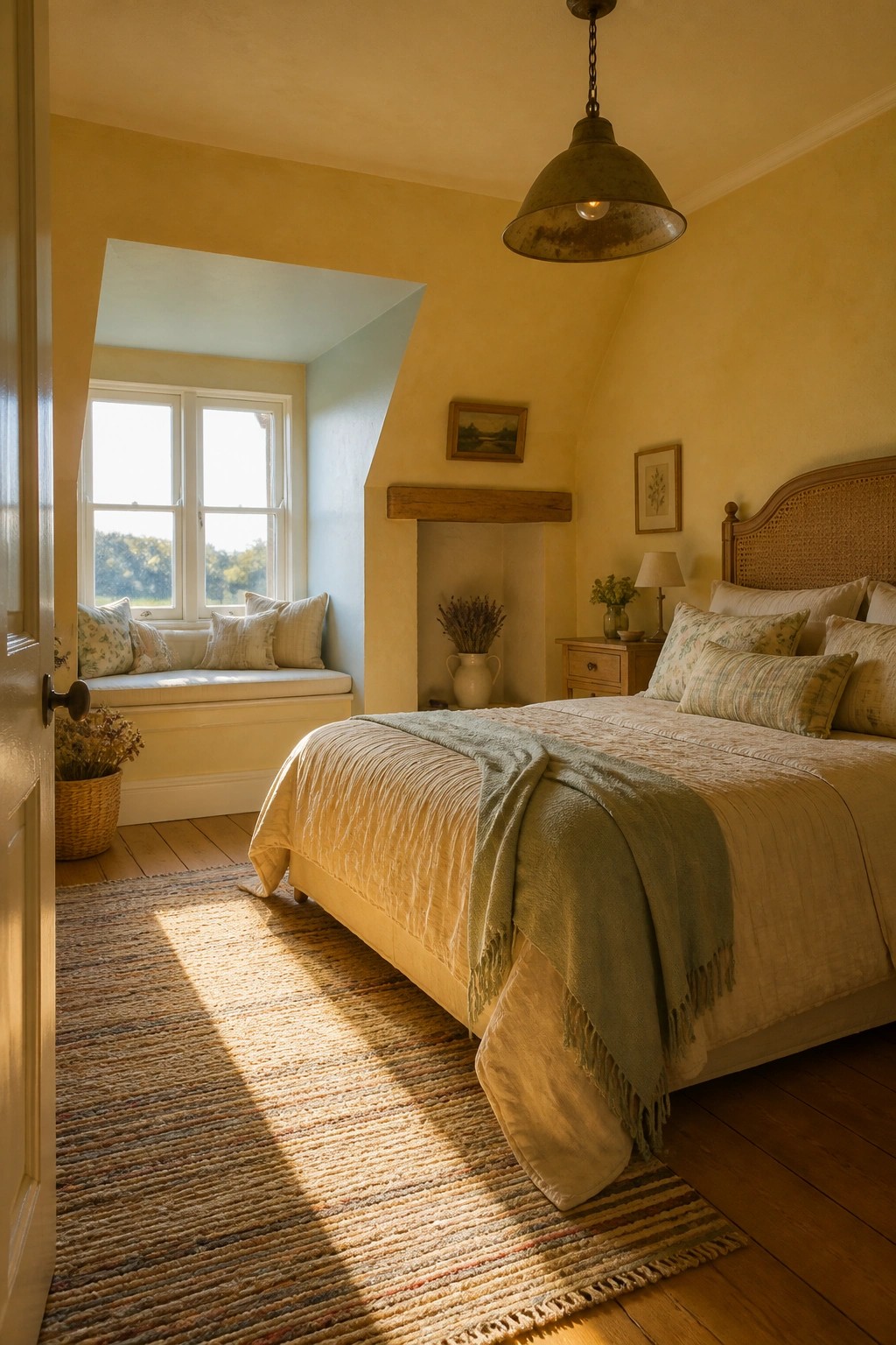 A bedroom with soft yellow walls, a large bed with a woven headboard, and a window seat beneath two windows.