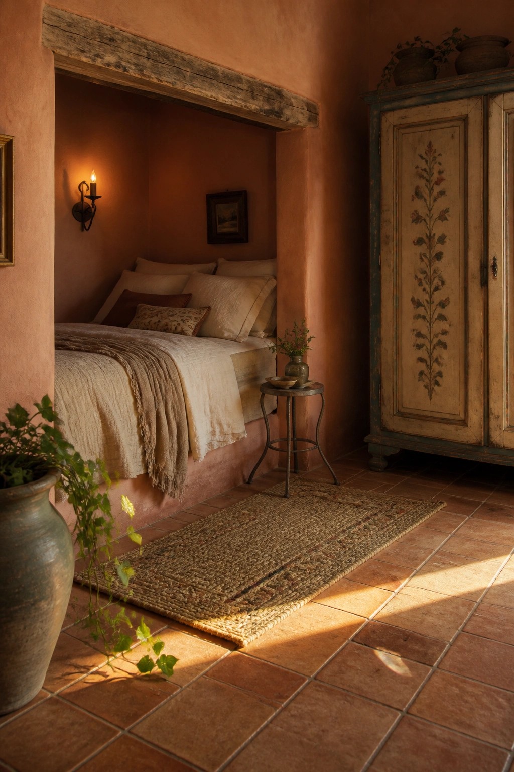 A bedroom with terracotta walls showing a built-in bed alcove with layered bedding, a small side table, and a tall painted armoire on the right.