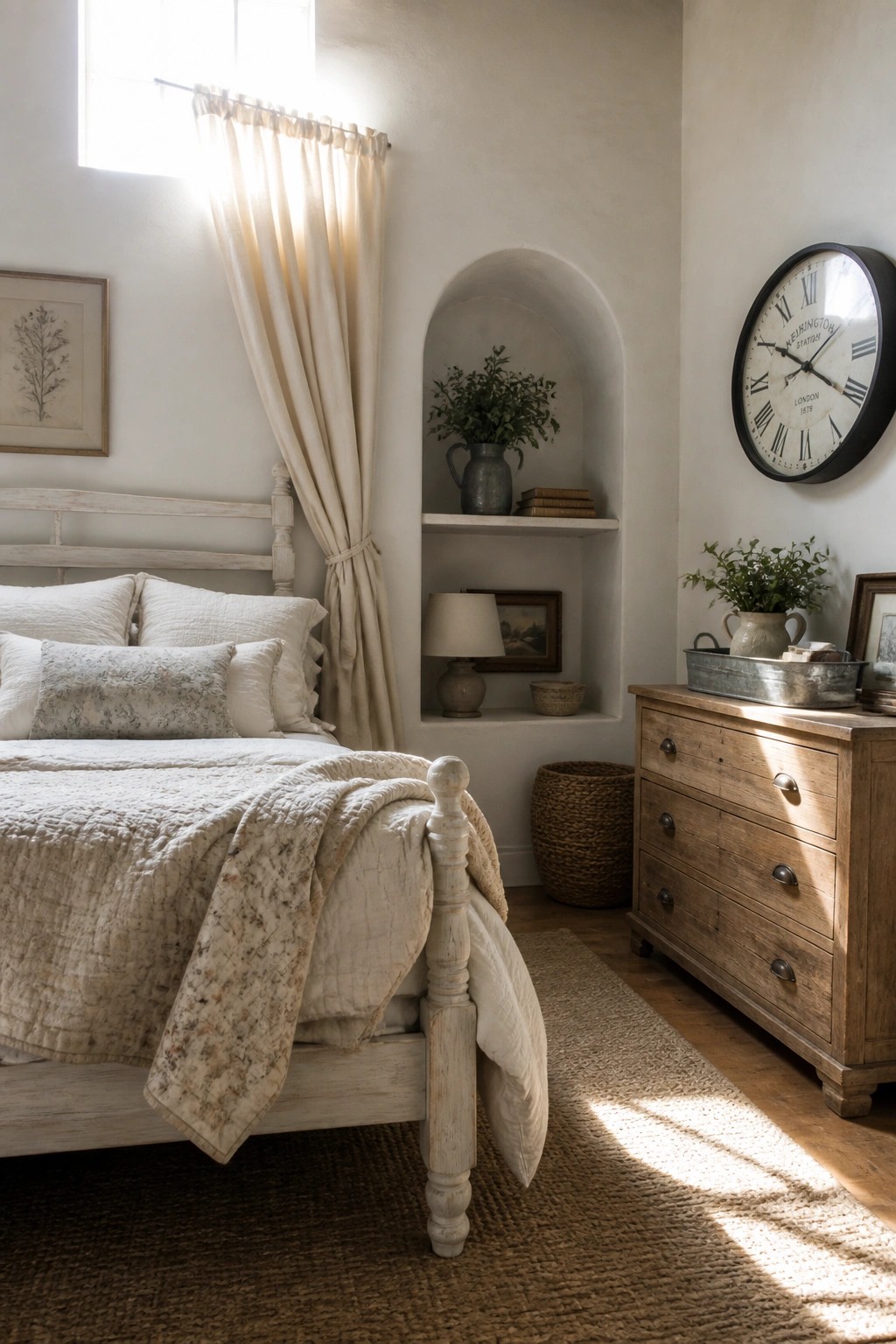 A farmhouse bedroom with a whitewashed wooden bed, linen bedding, wooden dresser, and an arched wall niche holding plants and books.
