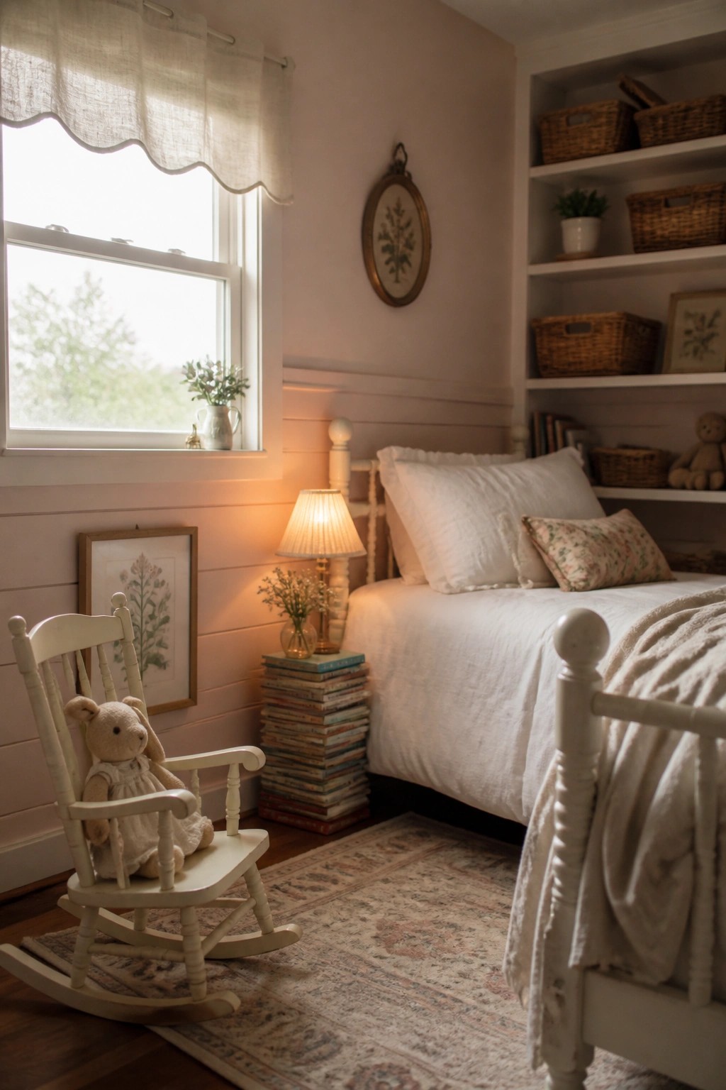 A bedroom with soft pinkish walls, white trim, a bed with white linens, a rocking chair with a teddy bear, stacked books, and built-in shelves holding baskets.