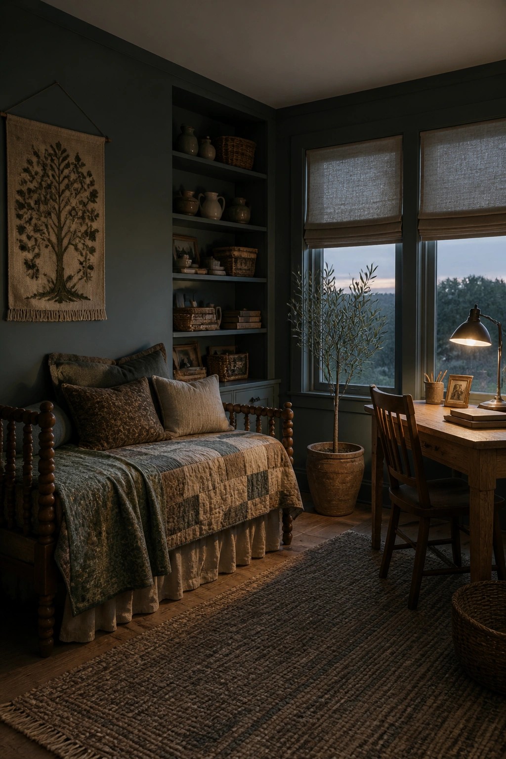 A bedroom with dark green walls, a wooden bed with pillows and a patchwork quilt, built-in shelves holding pottery and baskets, and a desk near two windows.