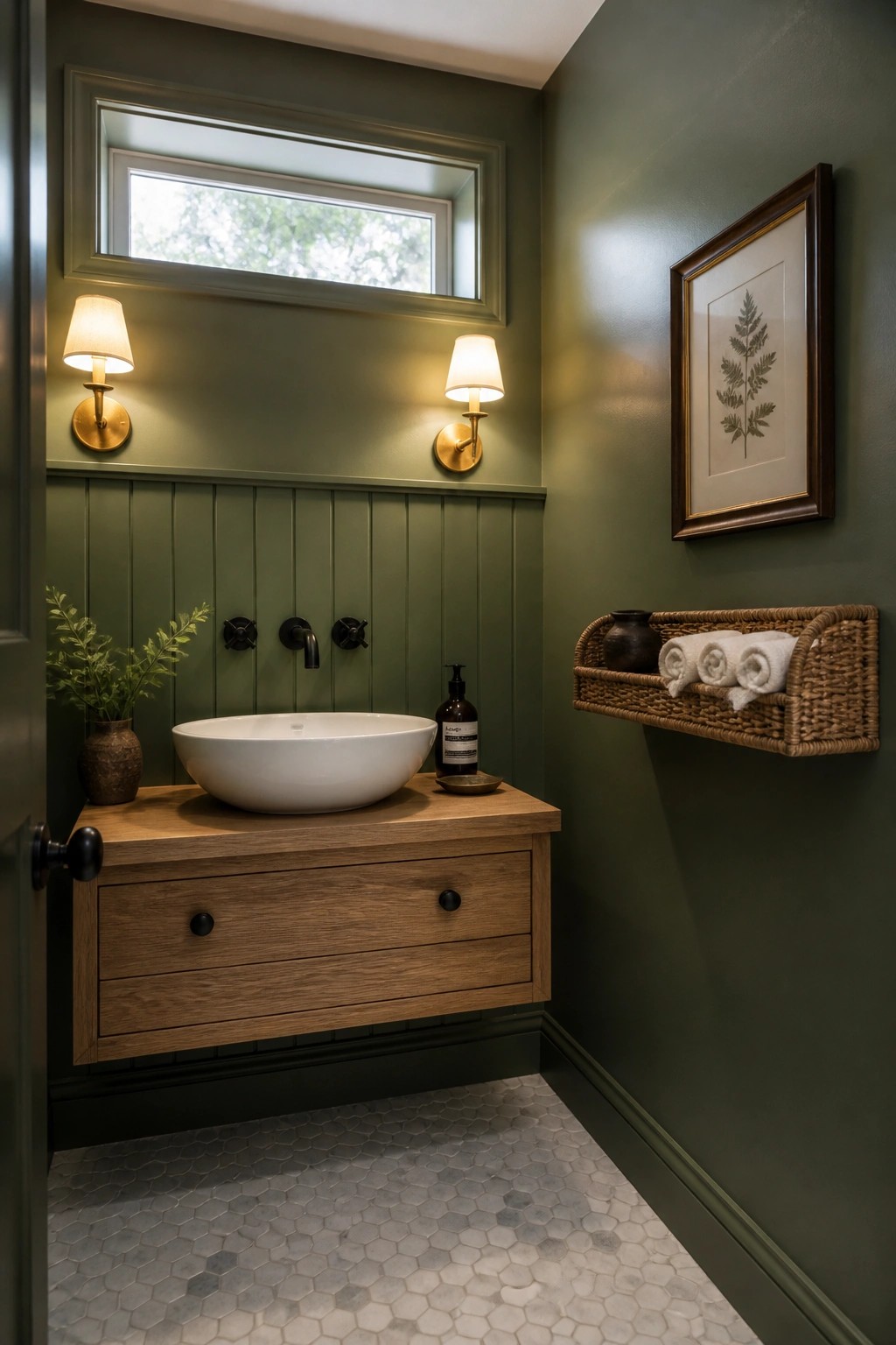 A small bathroom with deep green walls, white vessel sink on wood vanity, two wall sconces, and a woven basket shelf.