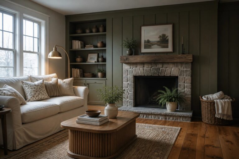 A living room featuring a white sofa, wooden coffee table on a jute rug, and a stone fireplace set into deep green painted paneling with built-in shelves on both sides.