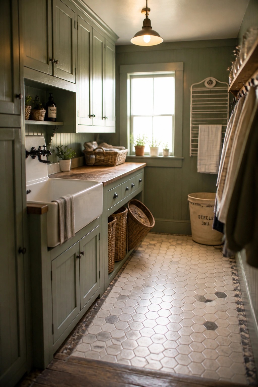 A narrow laundry room with sage green cabinets, a white farmhouse sink, wooden countertops, and white hexagonal floor tiles.