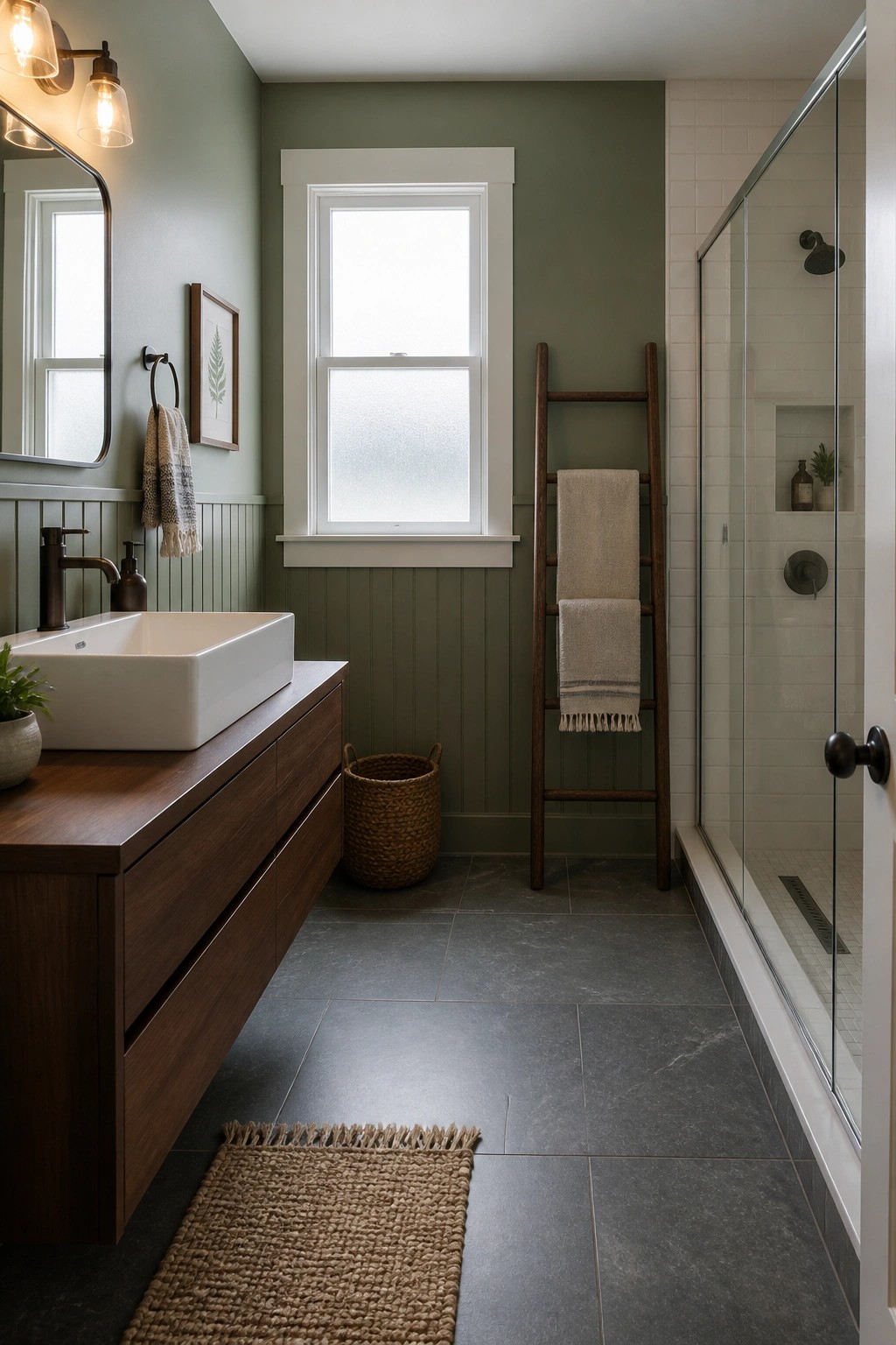 A bathroom interior featuring sage green walls with white trim, a wooden floating vanity, a towel ladder, and a glass shower enclosure.