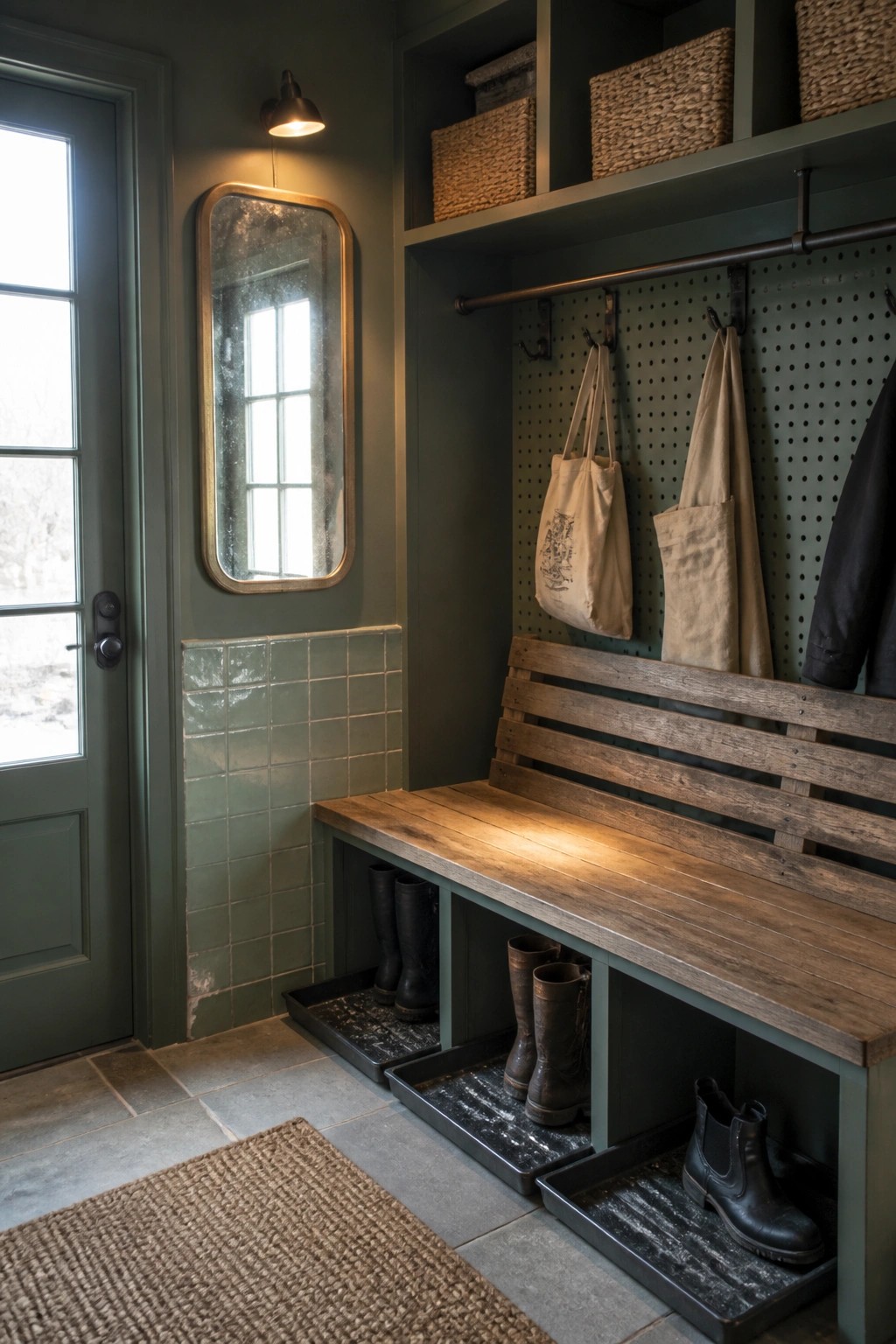 A dark green painted mudroom with a wooden bench, pegboard for hanging bags, and boots stored in trays beneath the bench next to a door.