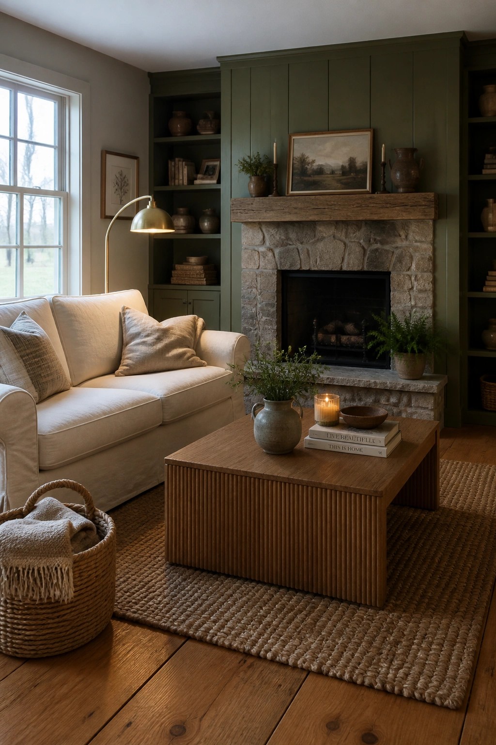 A living room featuring a white sofa, wooden coffee table on a jute rug, and a stone fireplace set into deep green painted paneling with built-in shelves on both sides.