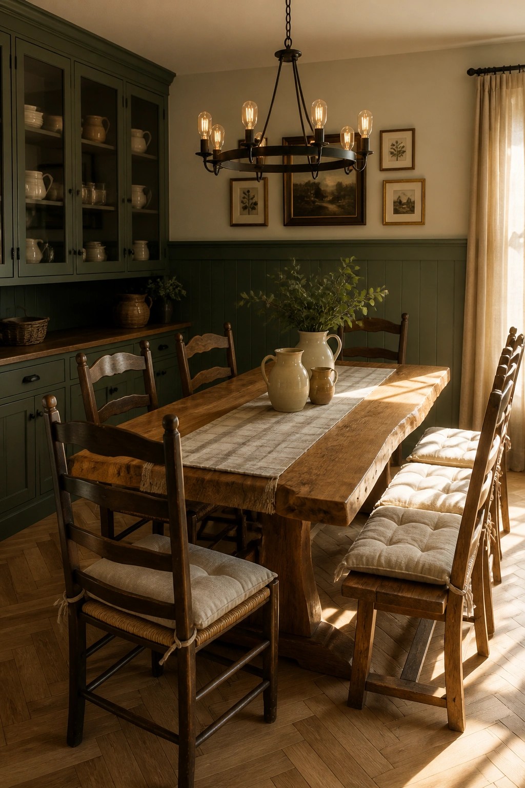 A dining room with deep green cabinetry along one wall, matching green wainscoting, a wooden table with chairs, and a black chandelier overhead.