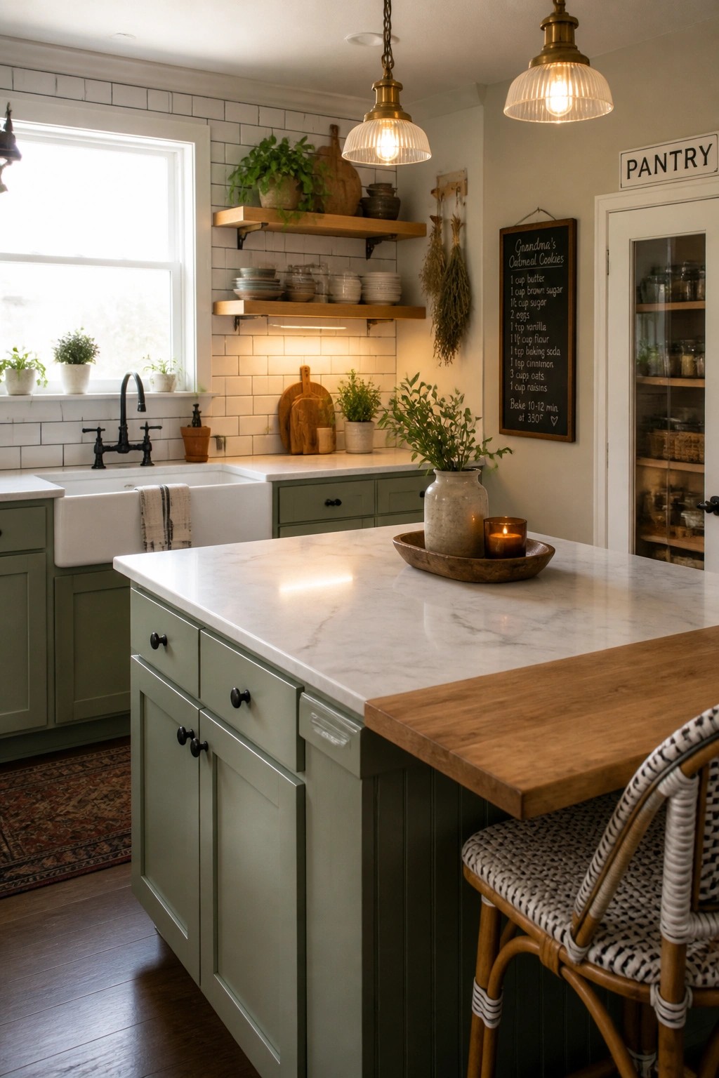 A kitchen with sage green cabinets, a white marble island top, a farmhouse sink, and open wooden shelves against a white tile backsplash.