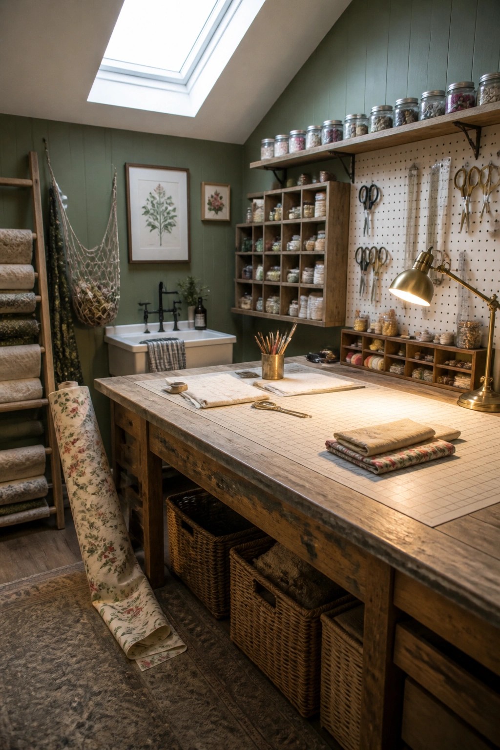 A craft room interior with sage green walls, a large wooden work table, pegboard storage, and shelves holding jars and fabric rolls.